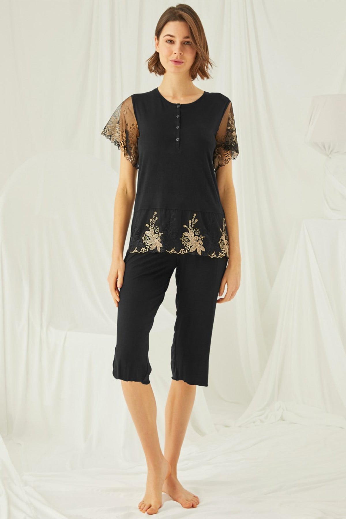 Shopymommy 19172 Lace Plus Size Capri Maternity & Nursing Pajamas Black