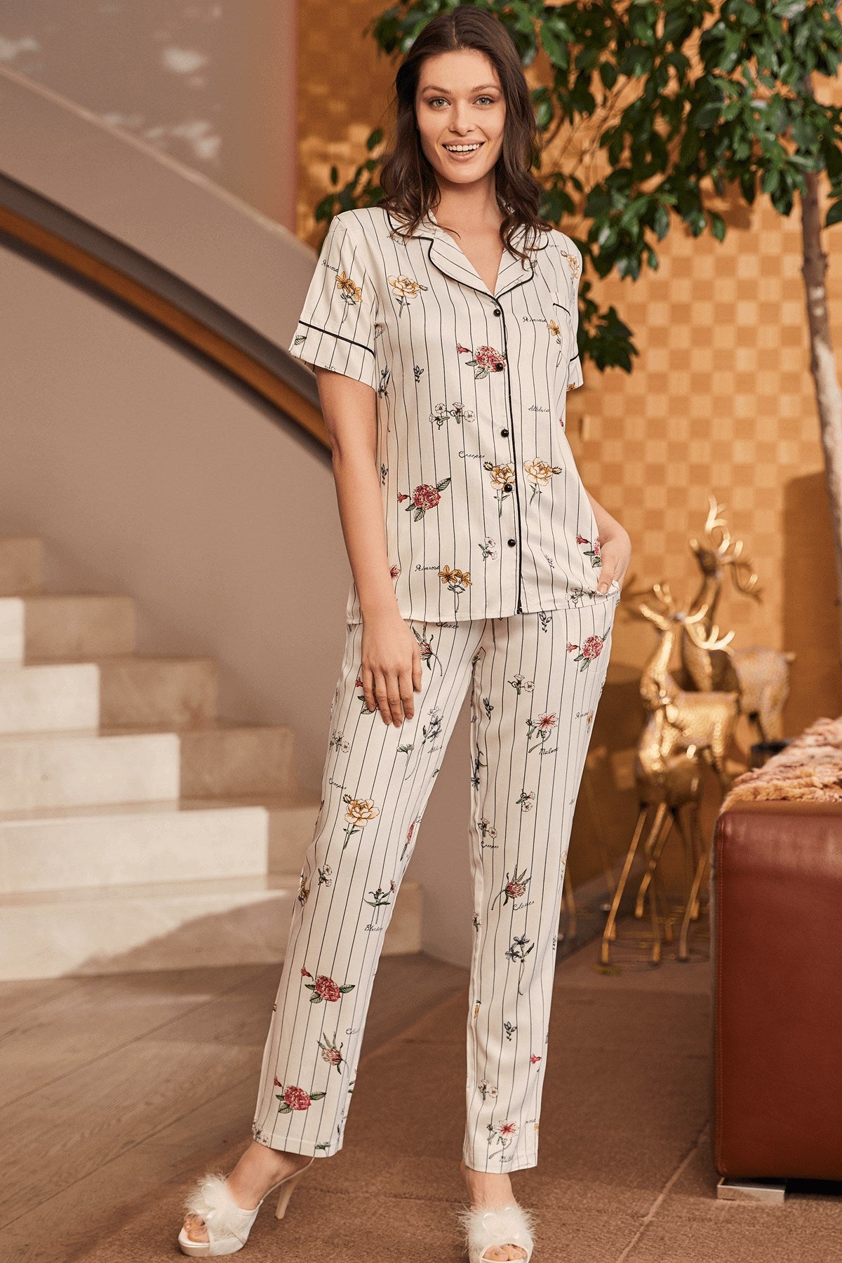 Shopymommy 5253 Woven Pattern Maternity & Nursing Pajamas Ecru