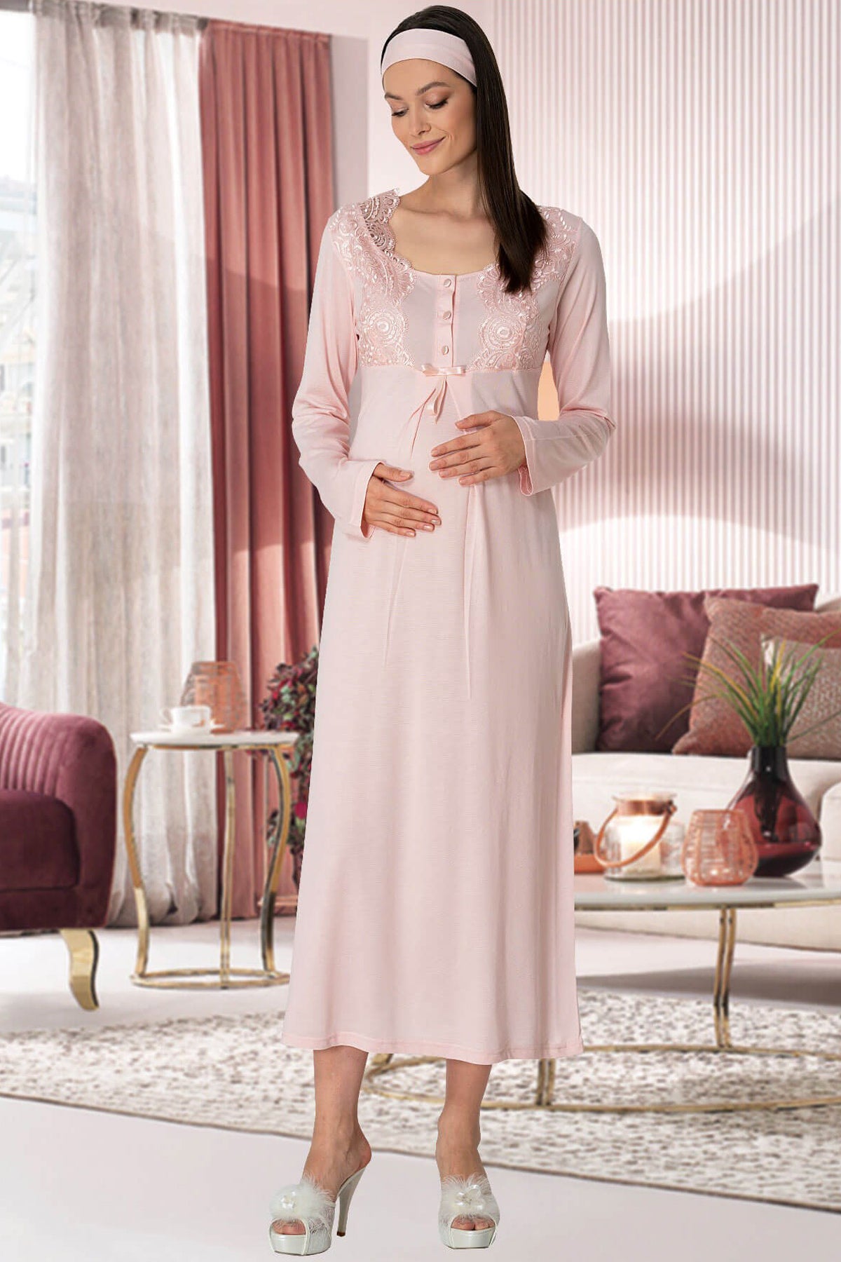Shopymommy 2259 Lace Collar Maternity & Nursing Nightgown With Flywheel Arm  Robe Ecru