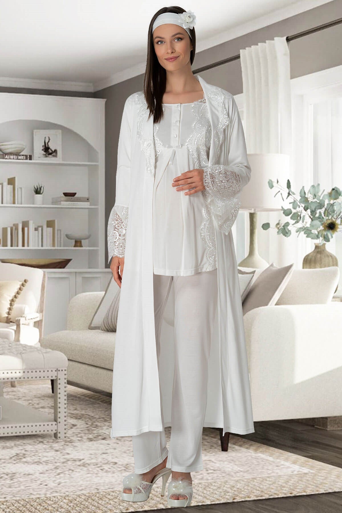 Shopymommy 5353 Lace Collar 3-Pieces Maternity & Nursing Pajamas With Robe Ecru