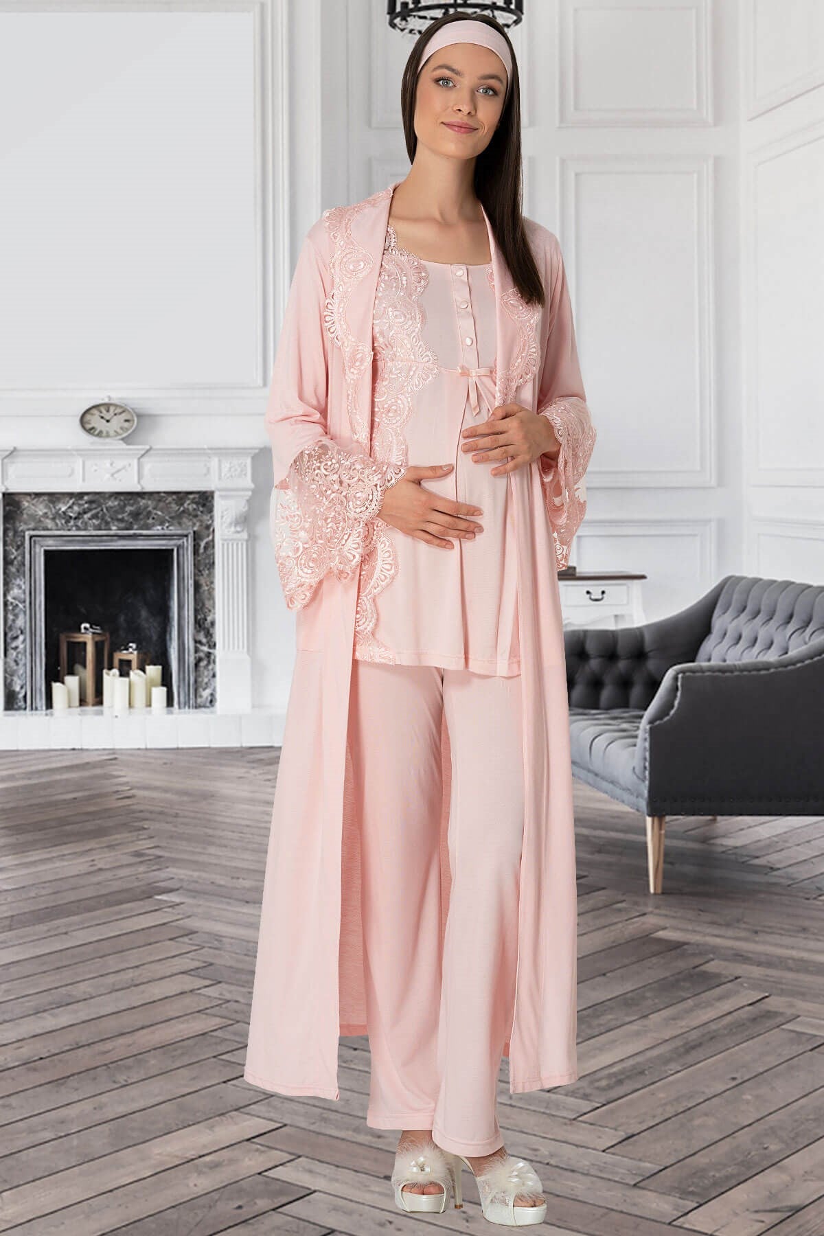 Shopymommy 5353 Lace Collar 3-Pieces Maternity & Nursing Pajamas With Robe Powder