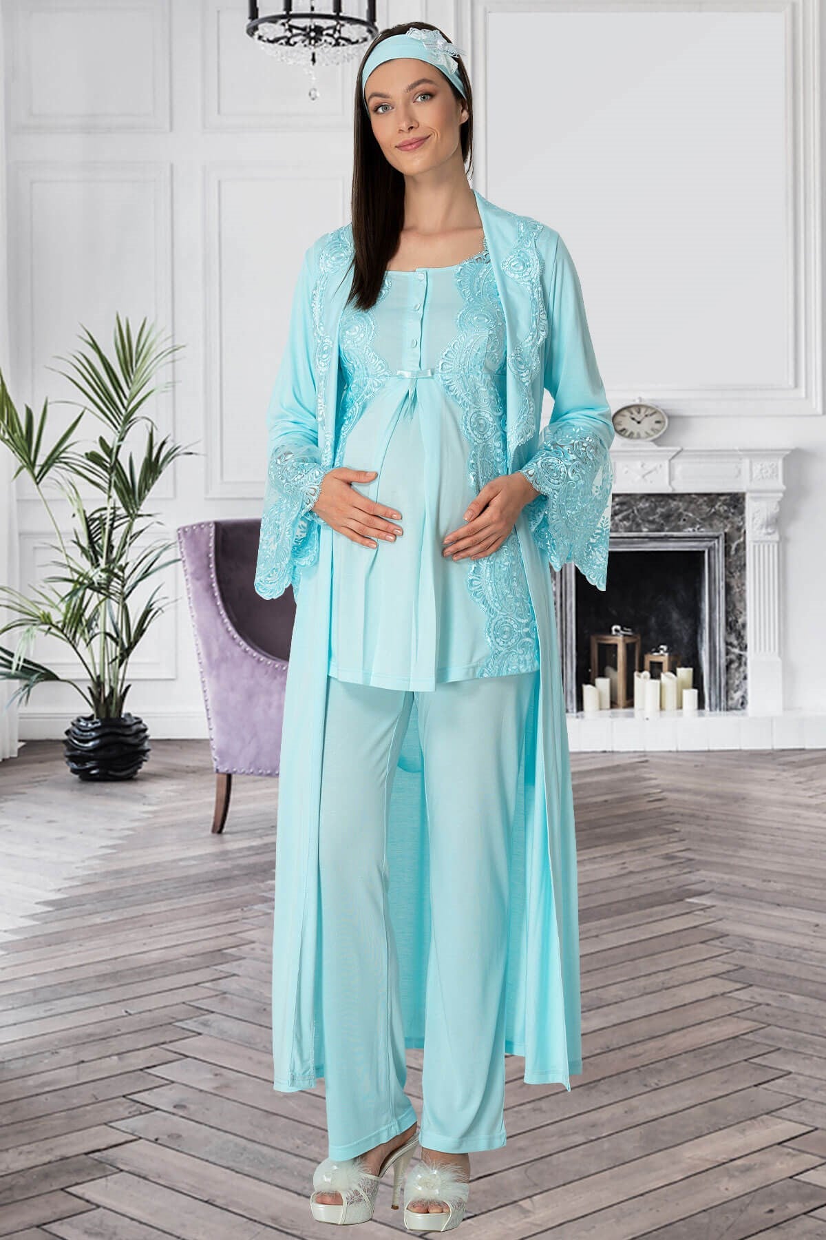 Shopymommy 5353 Lace Collar 3-Pieces Maternity & Nursing Pajamas With Robe Turquoise