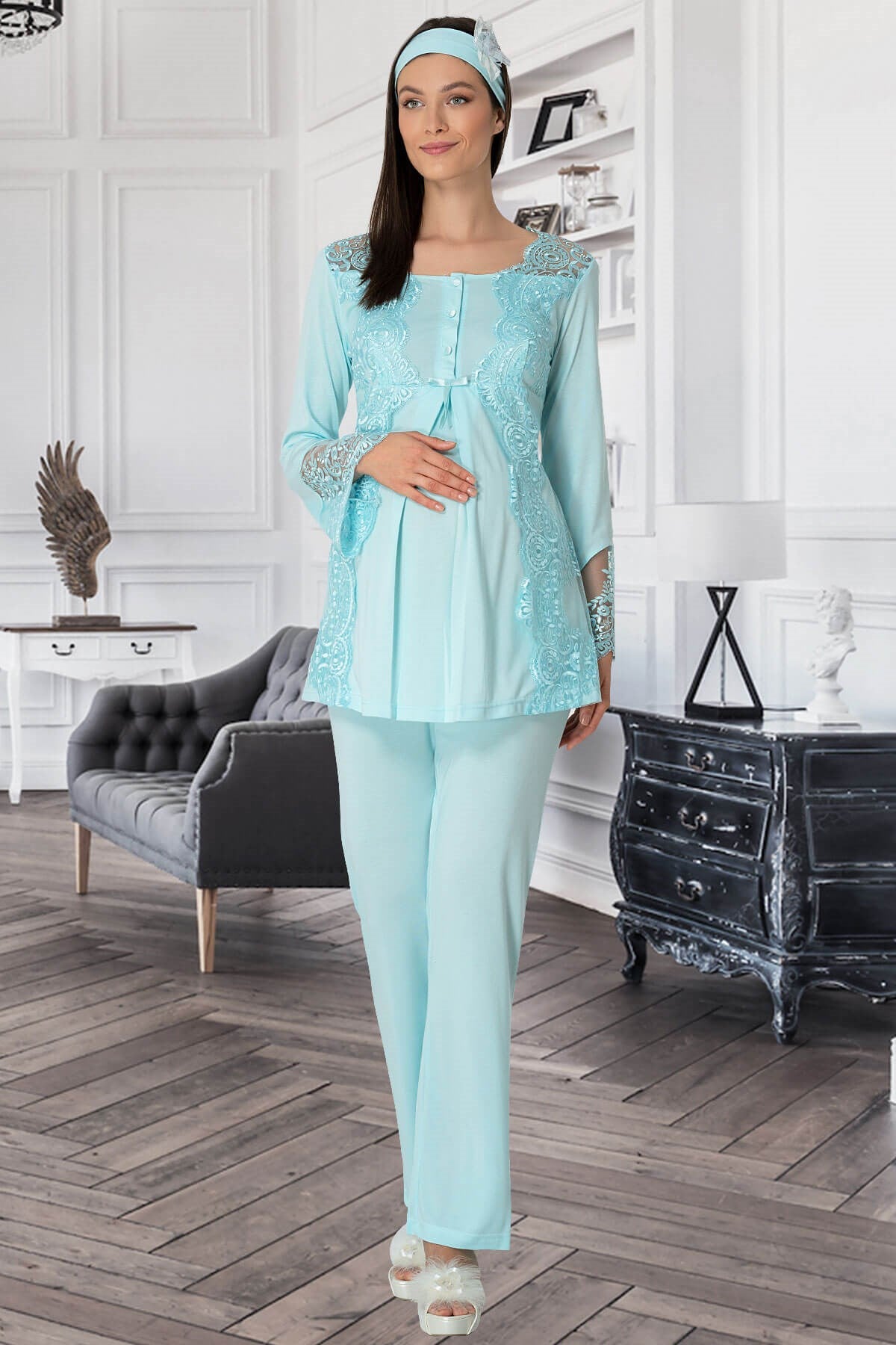 Shopymommy 5353 Lace Collar 3-Pieces Maternity & Nursing Pajamas With Robe Turquoise