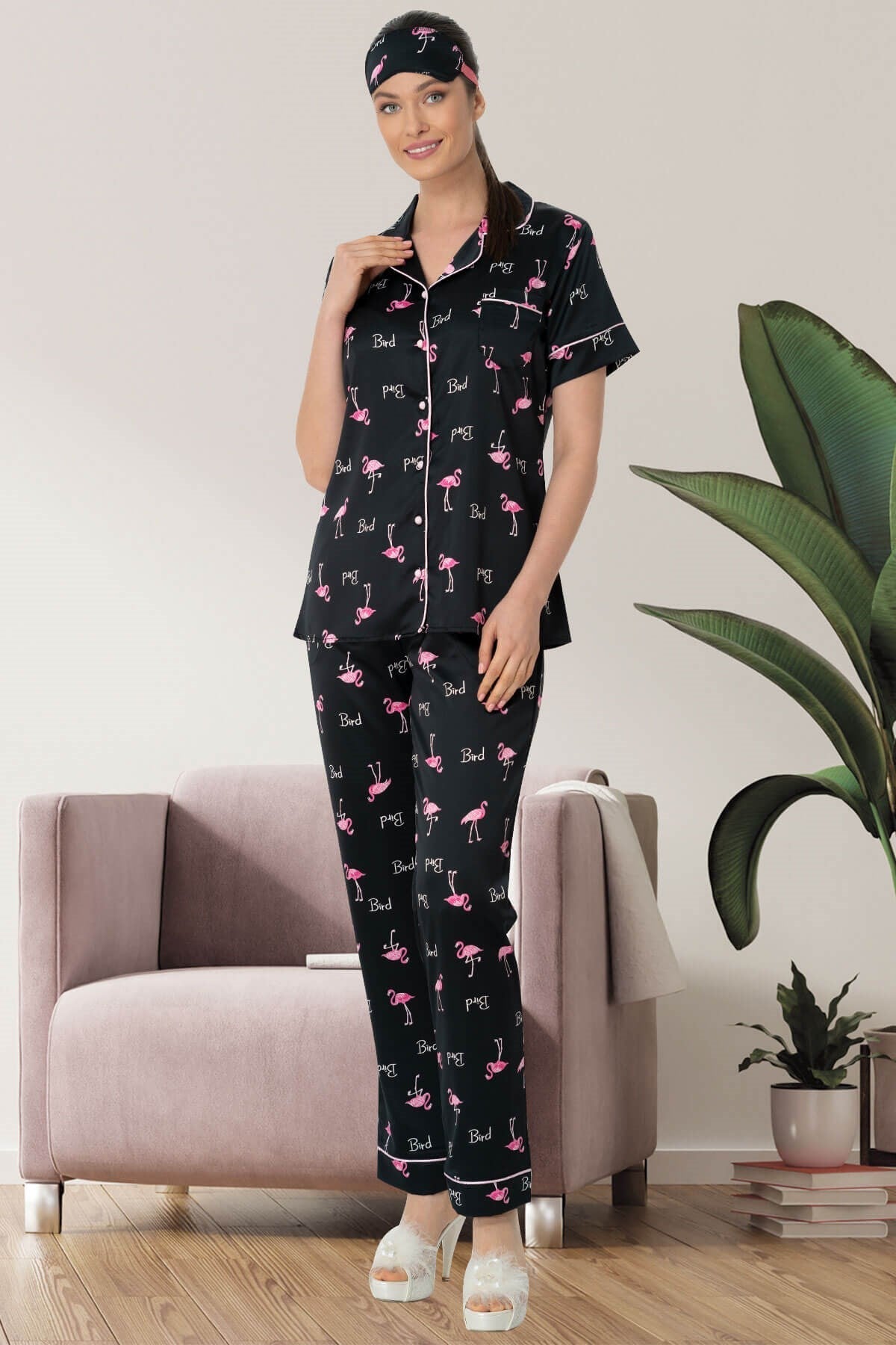 Shopymommy 5472 Flamingo Satin Front Button Maternity & Nursing Pajamas