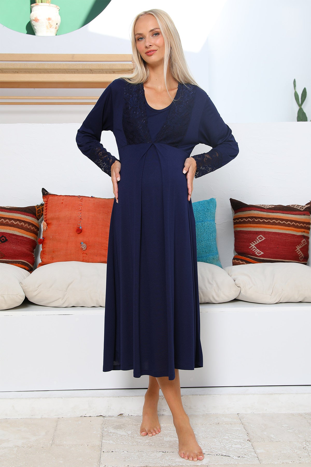 Shopymommy 55102 Silence Lace Embroidered Maternity & Nursing Nightgown Navy Blue