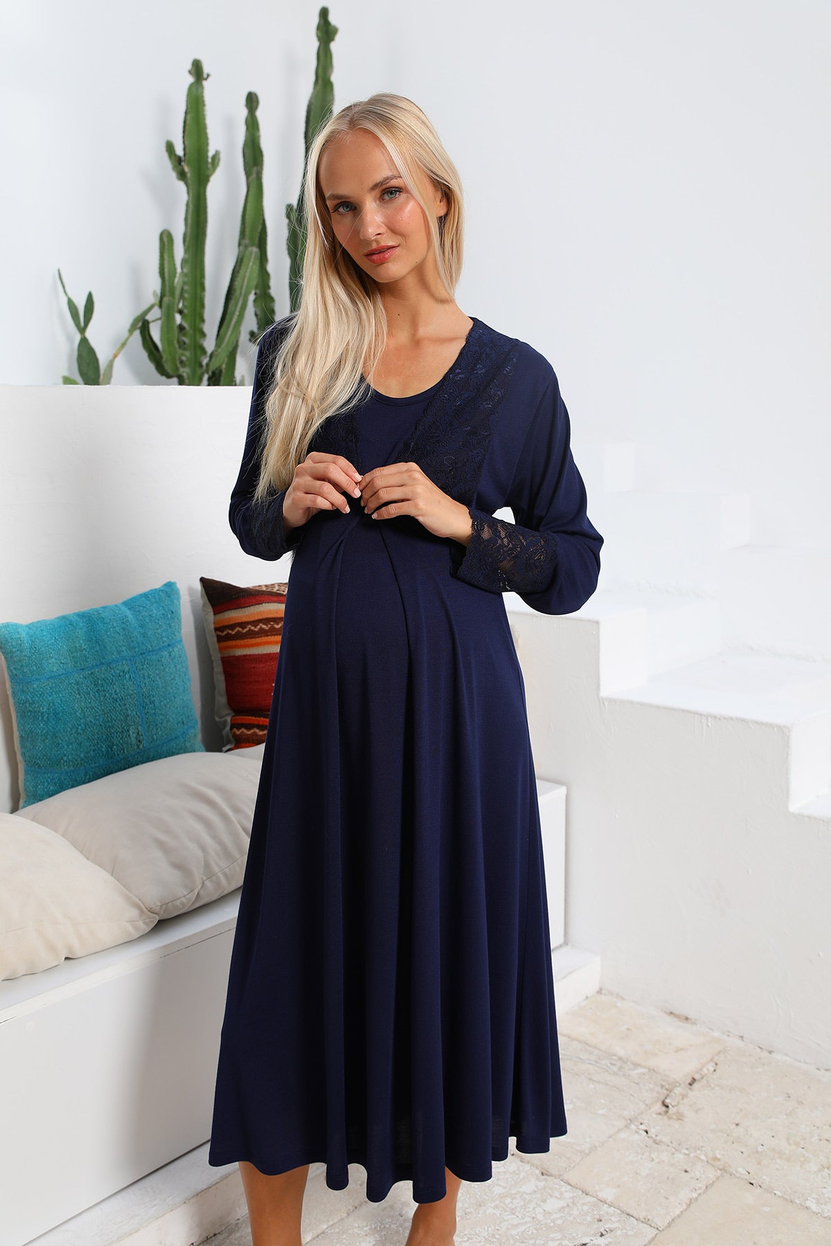 Shopymommy 55102 Silence Lace Embroidered Maternity & Nursing Nightgown Navy Blue