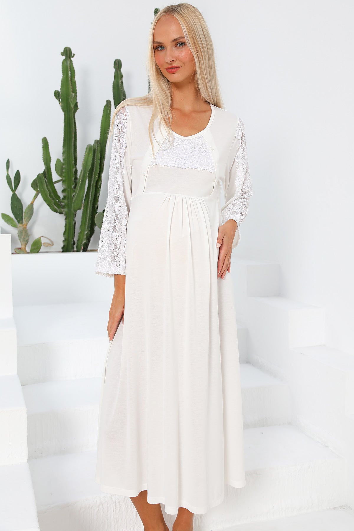 Shopymommy 55103 Elegance Lace Sleeves Maternity & Nursing Nightgown Ecru