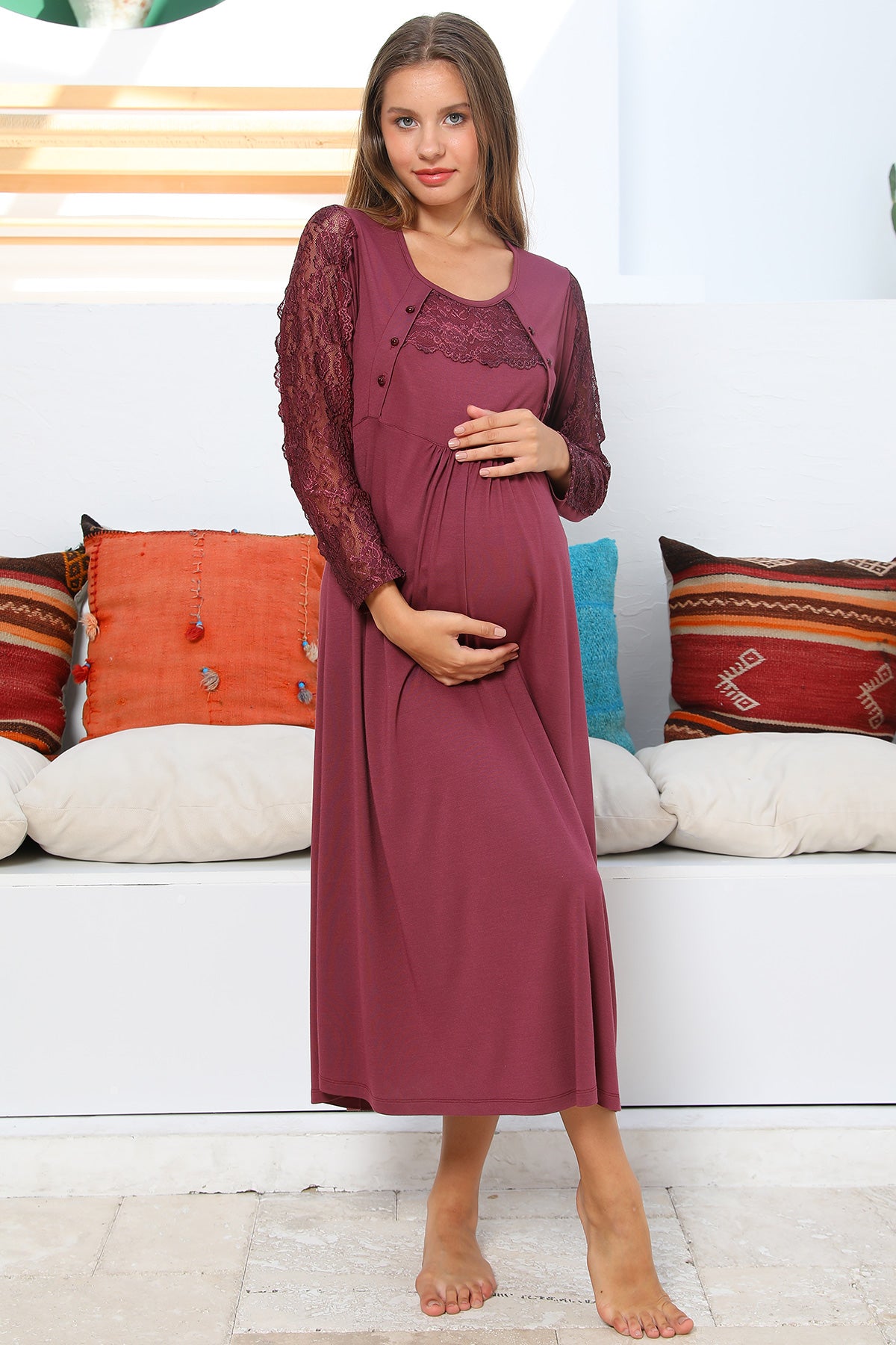 Shopymommy 703103 Elegance Welsoft Lace Sleeves 4 Pieces Maternity & Nursing Set Plum
