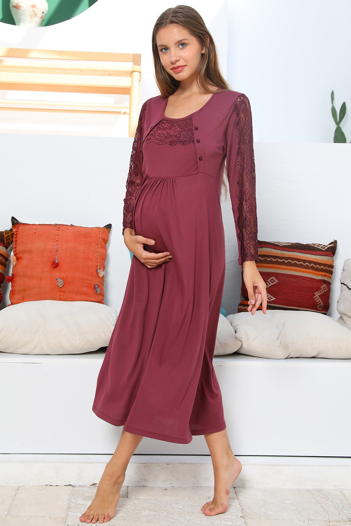 Shopymommy 55103 Elegance Lace Sleeves Maternity & Nursing Nightgown Plum