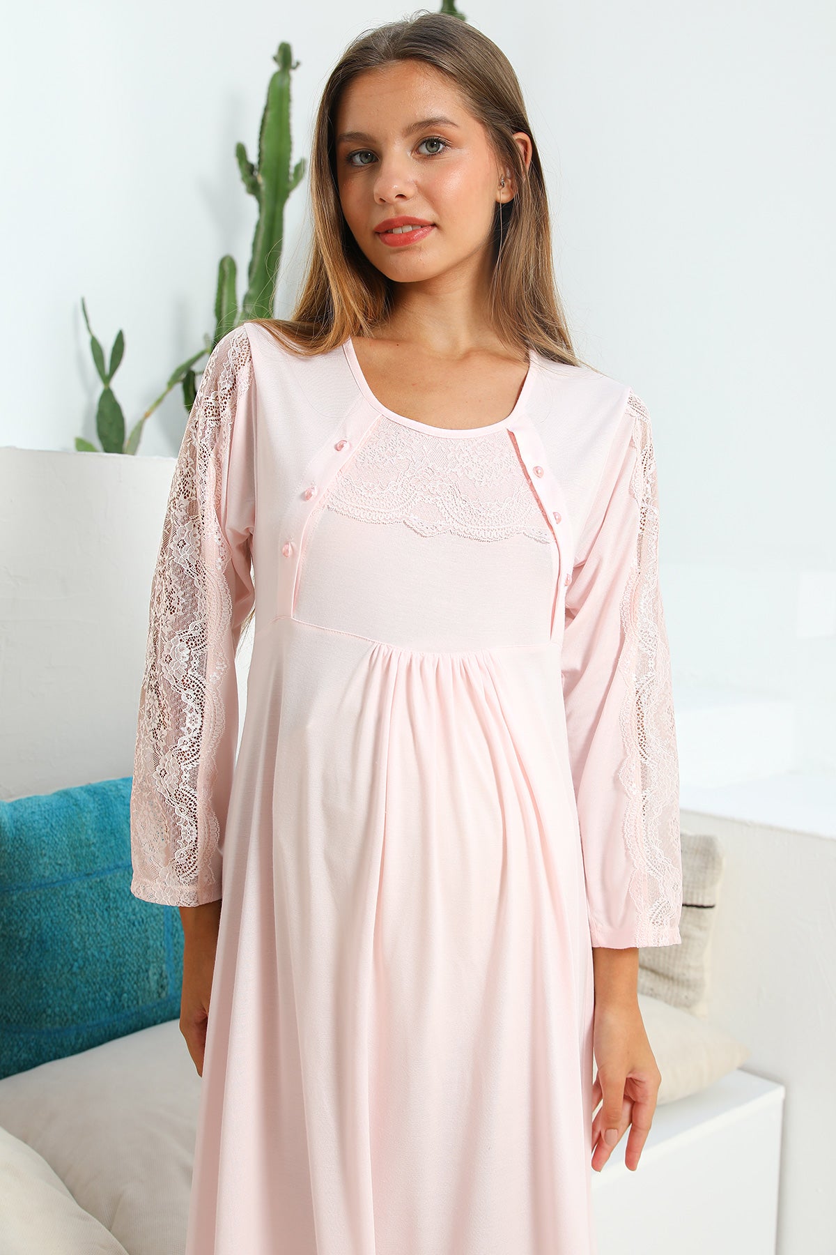 Shopymommy 55103 Elegance Lace Sleeves Maternity & Nursing Nightgown Pink