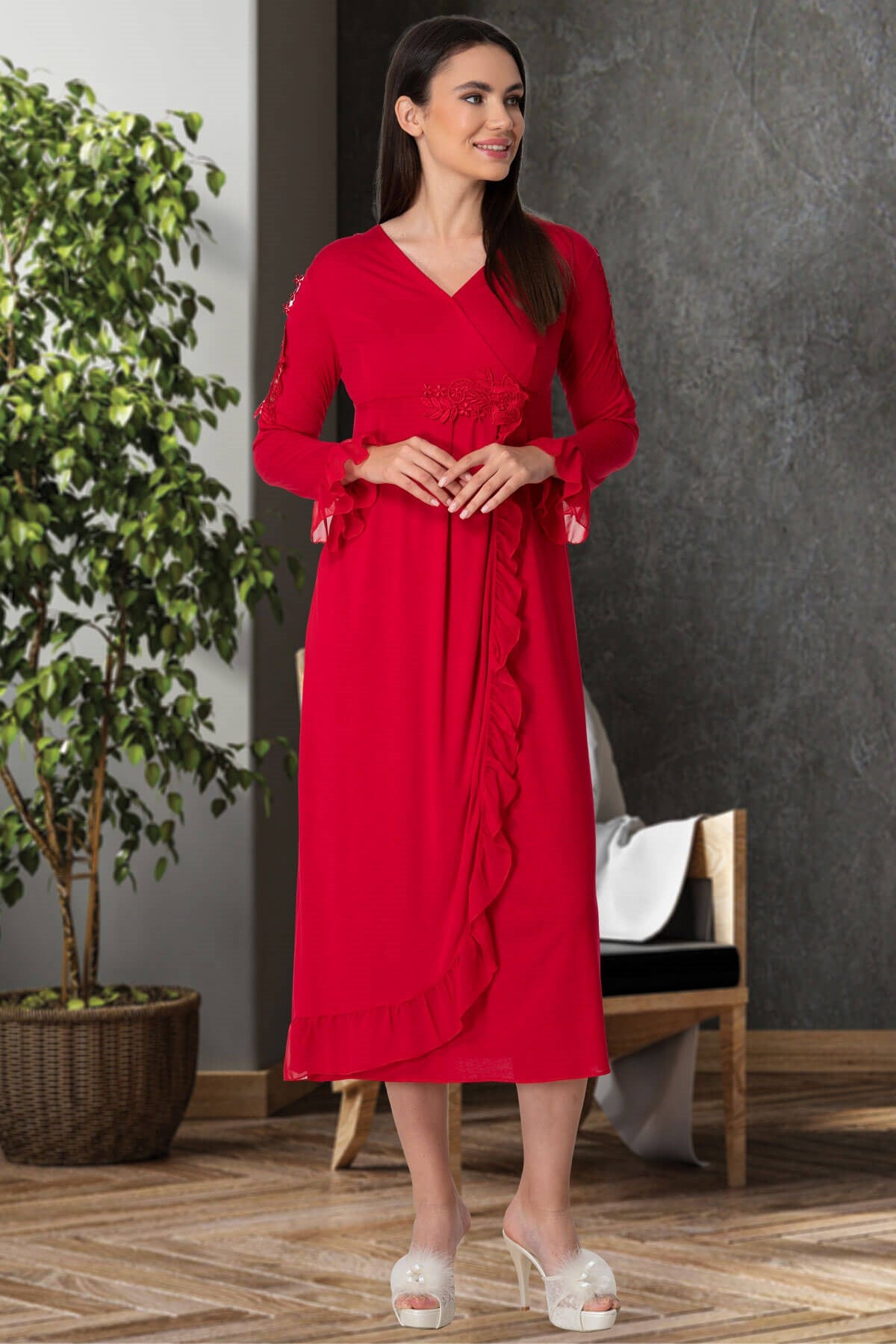 Shopymommy 5522 Guipure Double Breasted Maternity & Nursing Nightgown Red