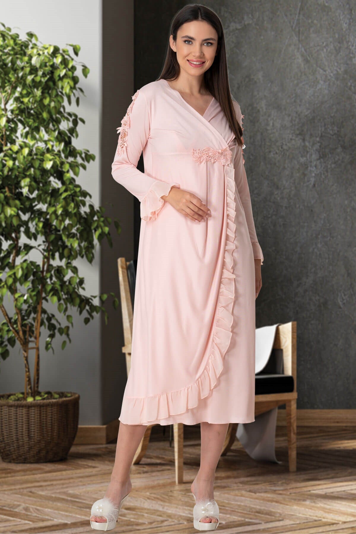 Shopymommy 5522 Guipure Double Breasted Maternity & Nursing Nightgown Powder