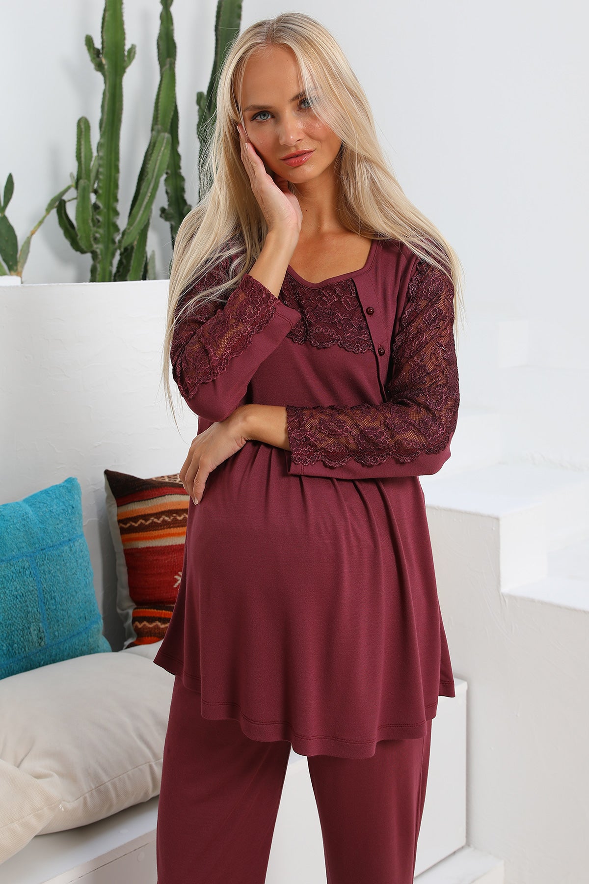 Shopymommy 703103 Elegance Welsoft Lace Sleeves 4 Pieces Maternity & Nursing Set Plum