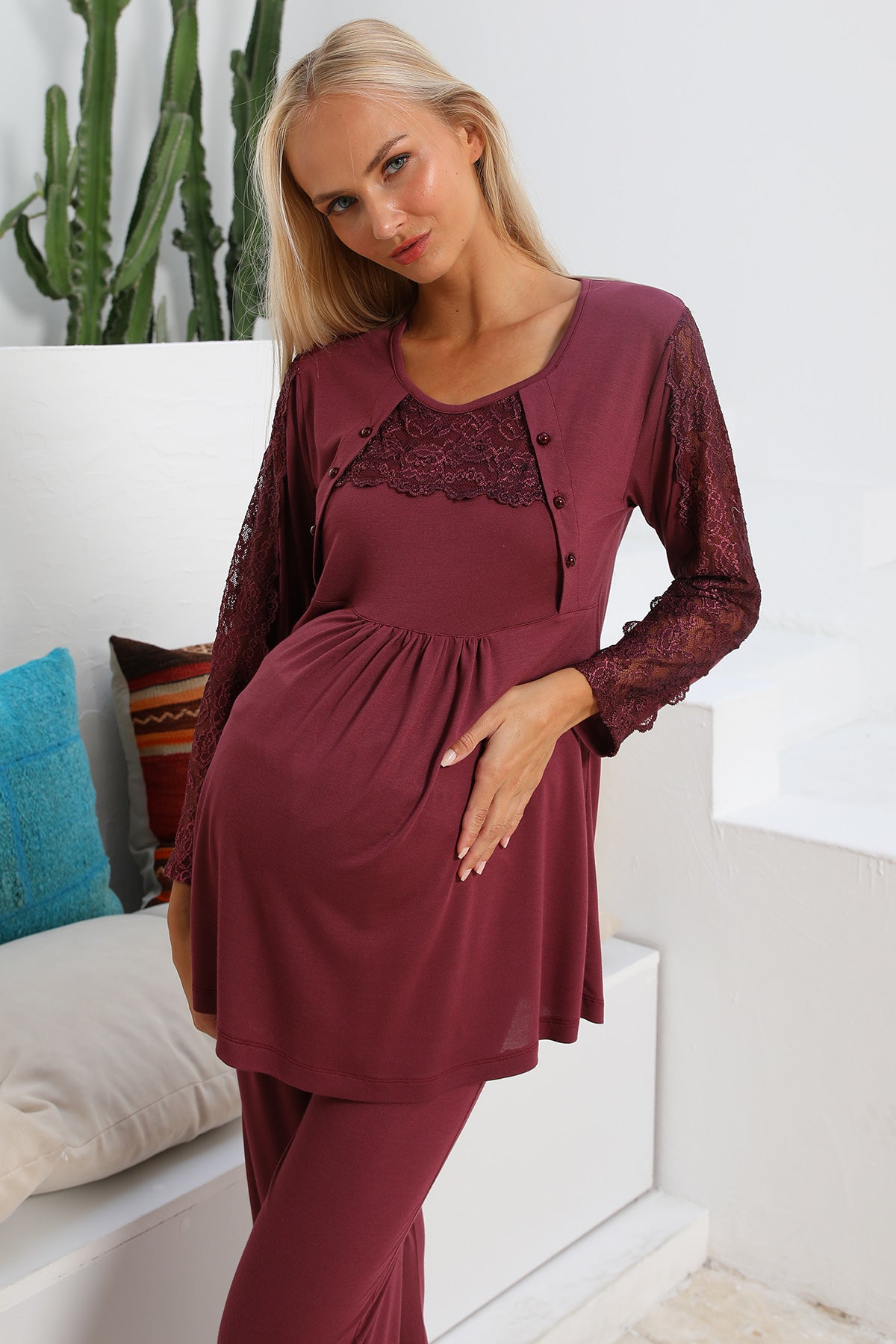 Shopymommy 55303 Elegance Lace Sleeves Maternity & Nursing Pajamas Plum