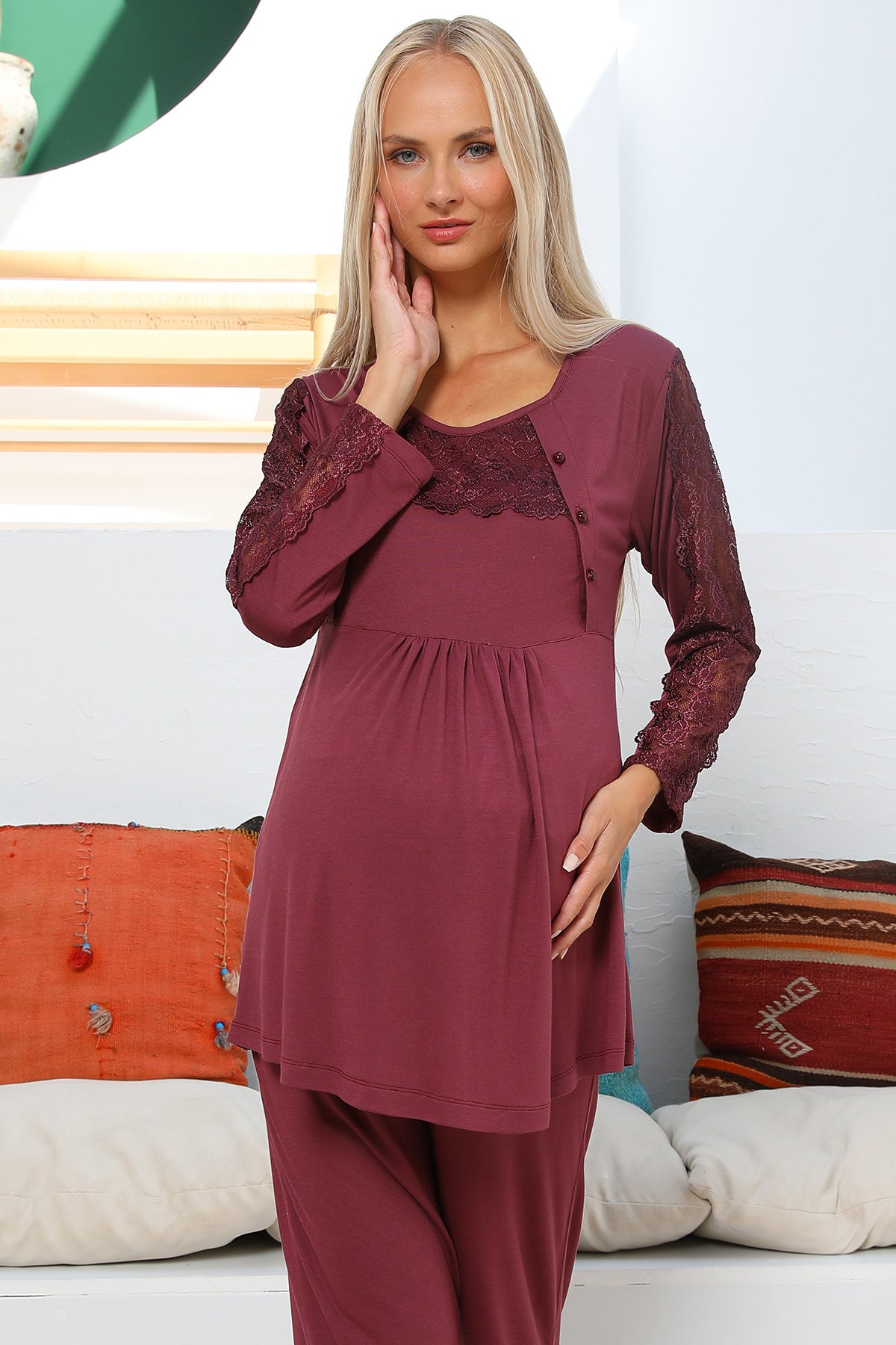 Shopymommy 55303 Elegance Lace Sleeves Maternity & Nursing Pajamas Plum