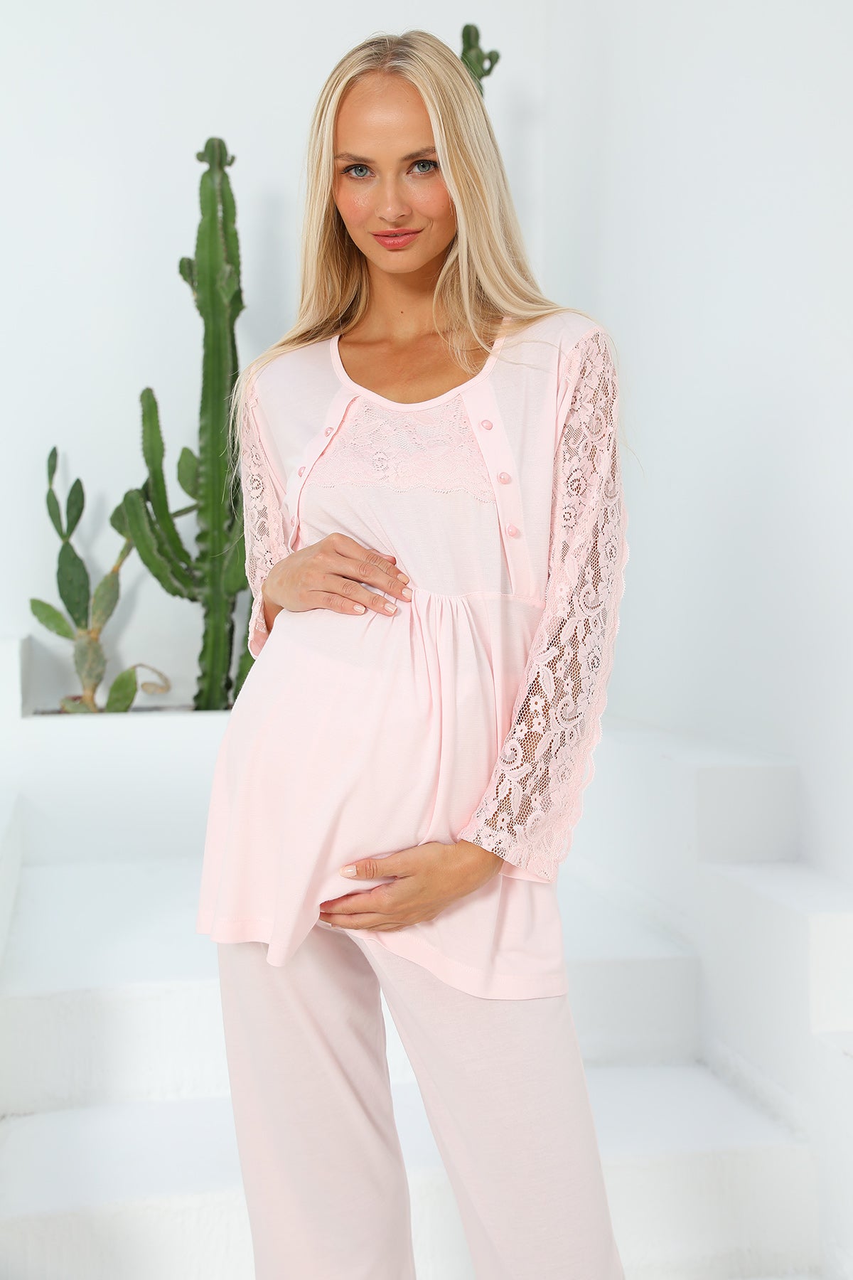 Shopymommy 55303 Elegance Lace Sleeves Maternity & Nursing Pajamas Pink