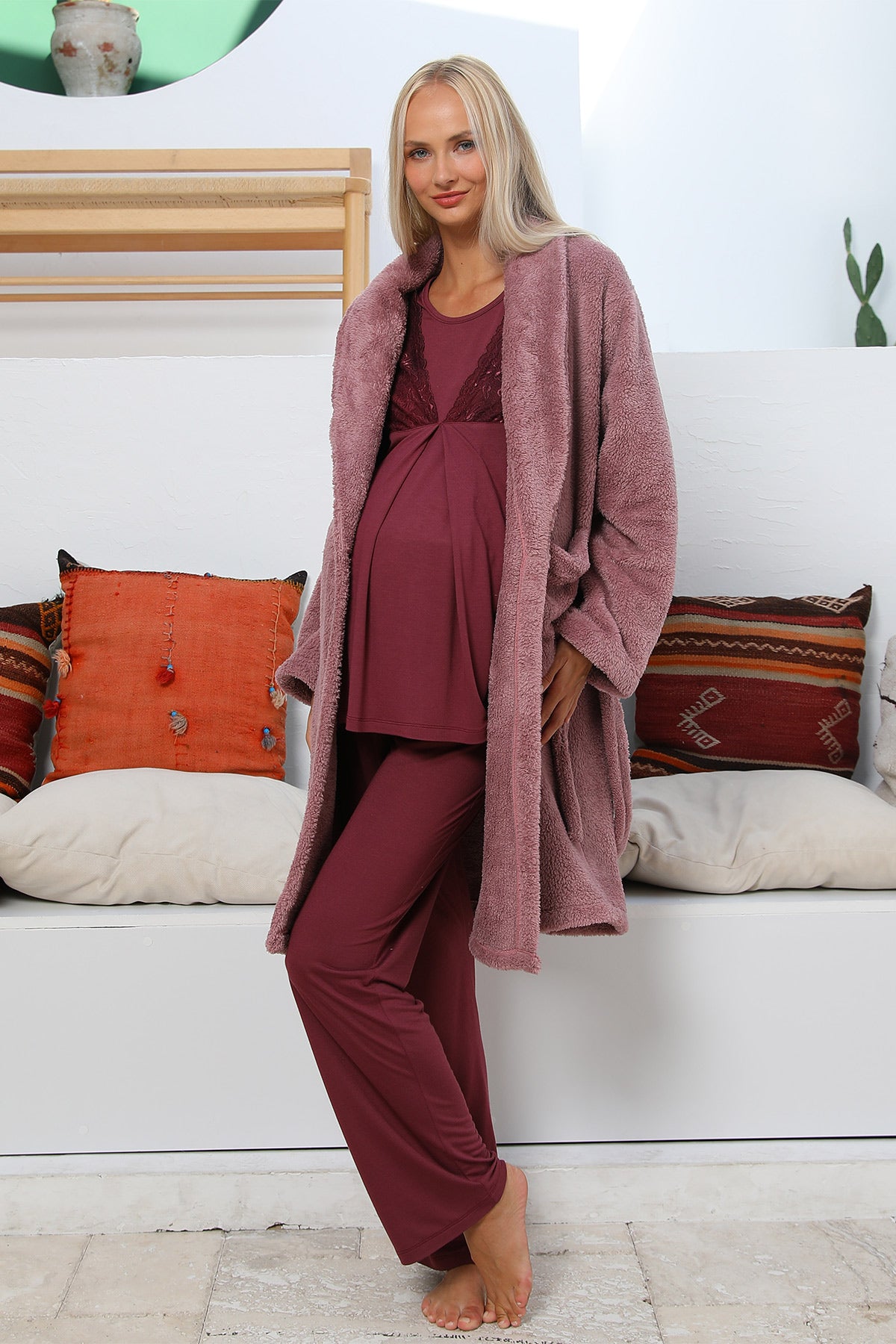 Shopymommy 55702 Silence Lace Embroidered 3-Pieces Maternity & Nursing Pajamas With Welsoft Robe Plum
