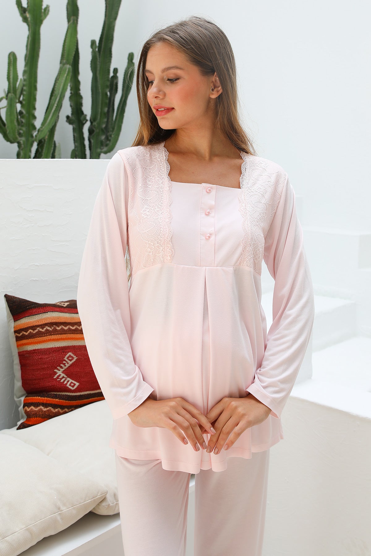 Shopymommy 55706 Lotus Lace 3-Pieces Maternity & Nursing Pajamas With Welsoft Robe Pink