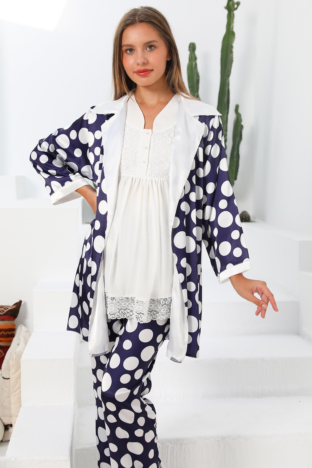 Shopymommy 55712 Moonlight Lace Edge 3-Pieces Maternity & Nursing Pajamas With Satin Robe Navy Blue