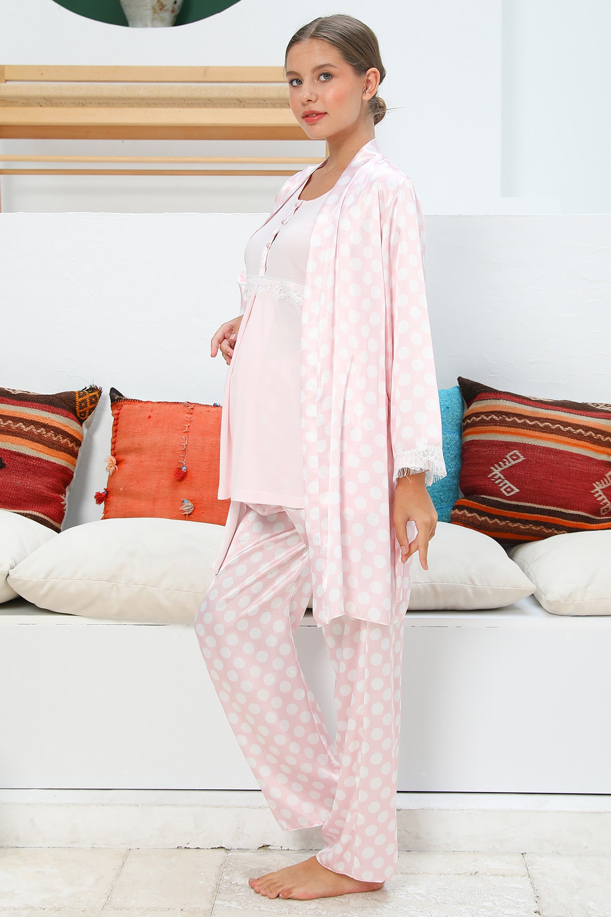 Shopymommy 55713 Venüs Polka Dot 3-Pieces Maternity & Nursing Pajamas With Satin Robe Pink