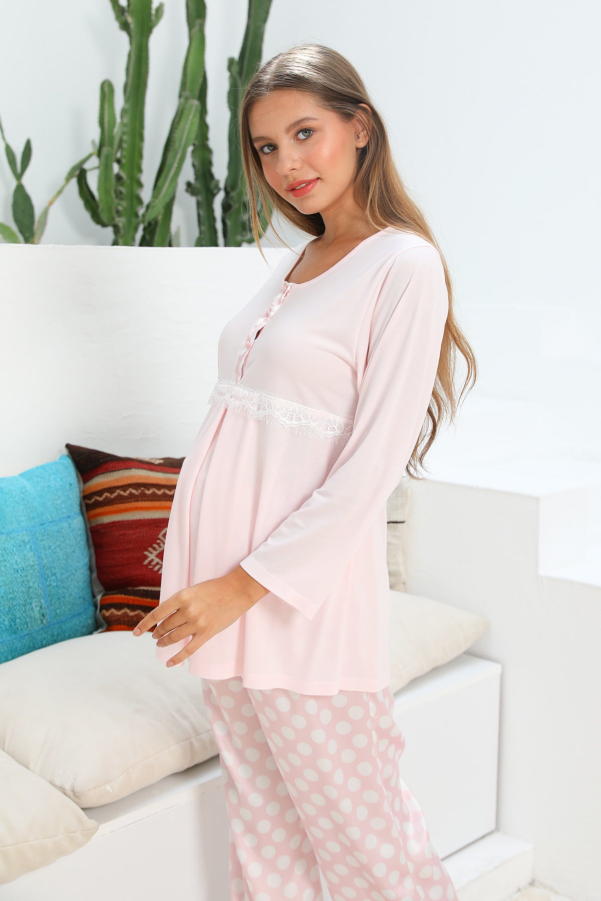 Shopymommy 55713 Venüs Polka Dot 3-Pieces Maternity & Nursing Pajamas With Satin Robe Pink