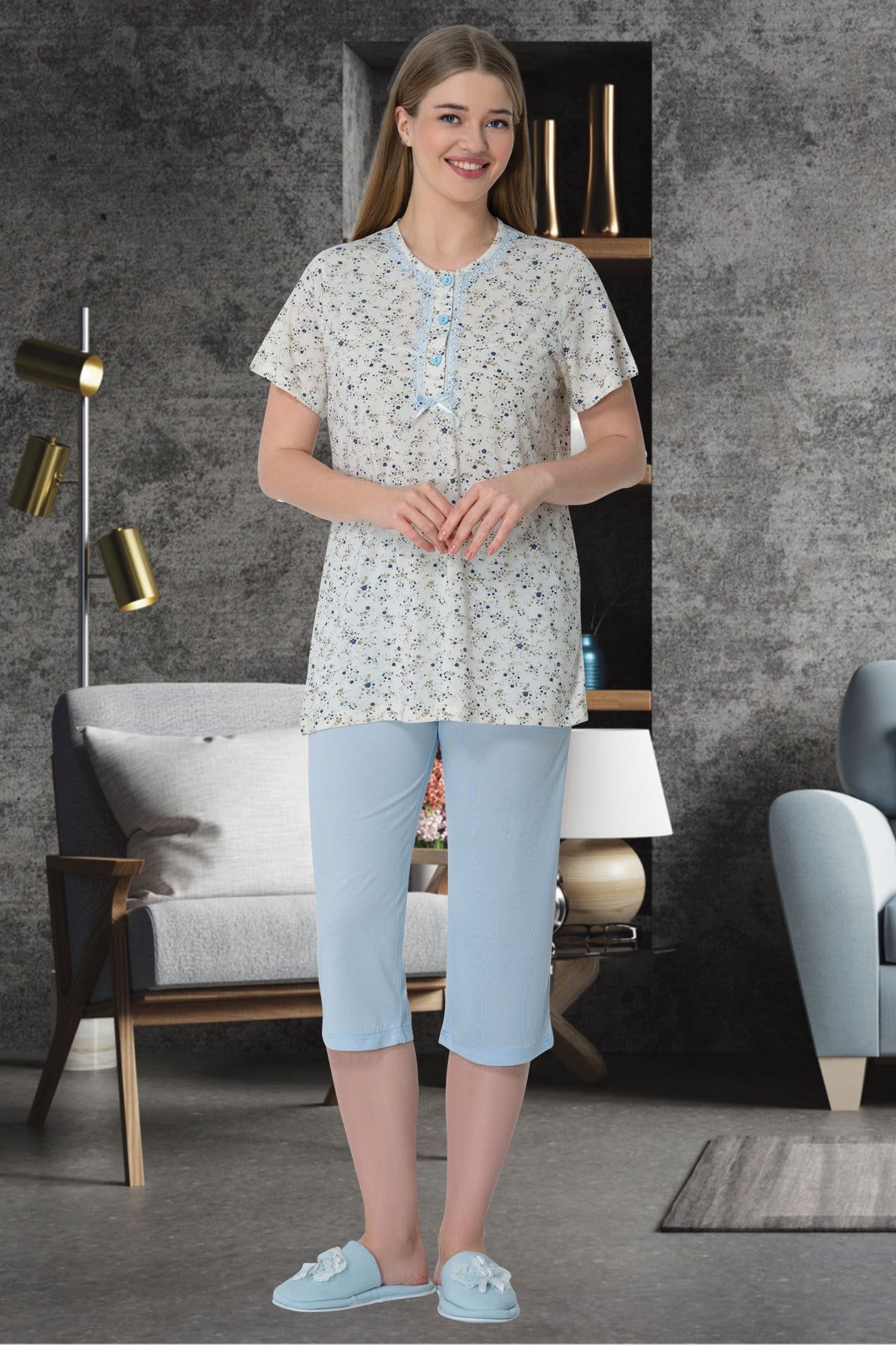 Shopymommy 5642 Patterned Plus Size Capri Maternity & Nursing Pajamas Blue