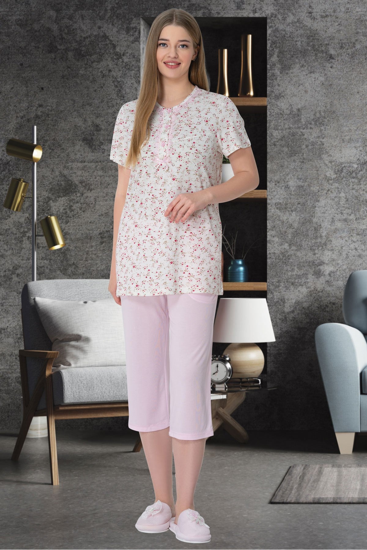 Shopymommy 5642 Patterned Plus Size Capri Maternity & Nursing Pajamas Pink