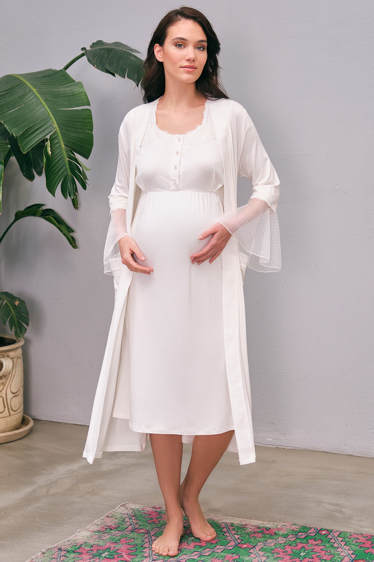 Shopymommy 5649 Lace Maternity & Nursing Nightgown With Flywheel Arm Robe Ecru