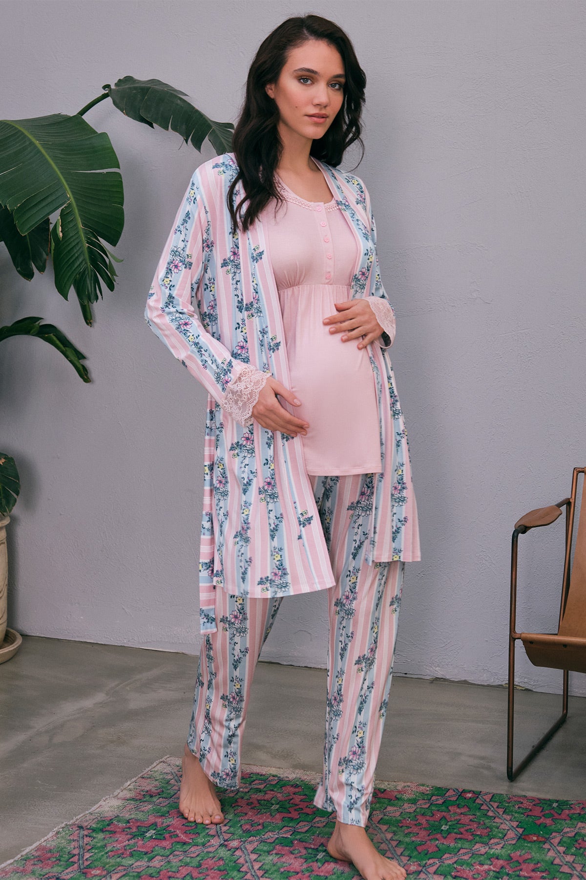 Shopymommy 5651 Lace 3-Pieces Maternity & Nursing Pajamas With Patterned Robe Pink