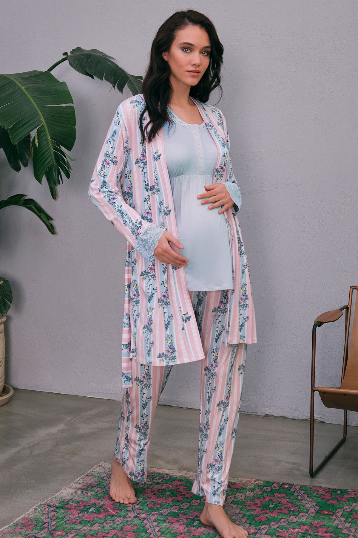 Shopymommy 5651 Lace 3-Pieces Maternity & Nursing Pajamas With Patterned Robe Blue