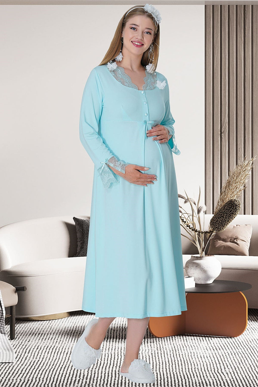 Shopymommy 5415 Elegant Lace Maternity & Nursing Nightgown Blue