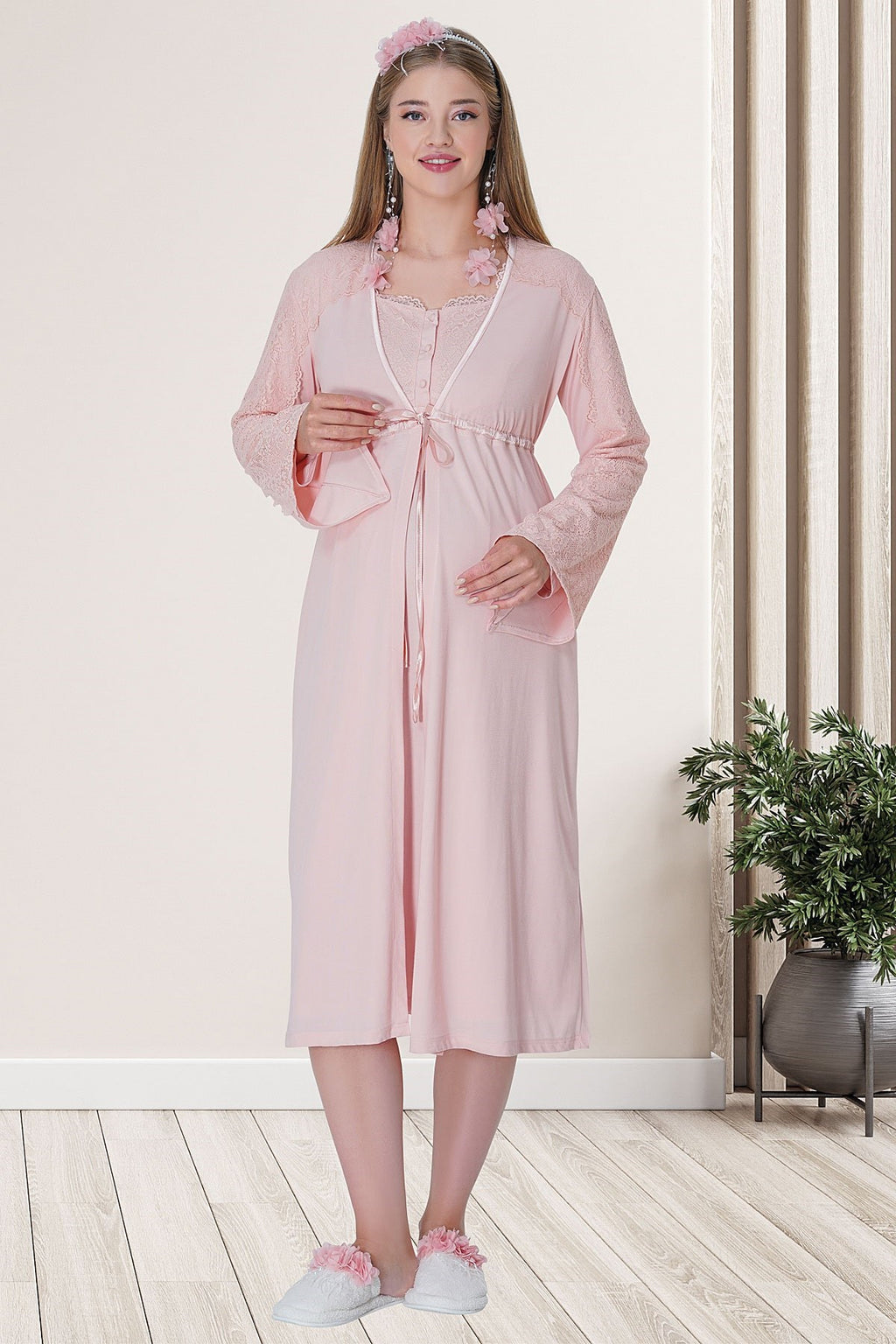 Shopymommy 5354 Lace Collar Maternity & Nursing Nightgown With Robe Po