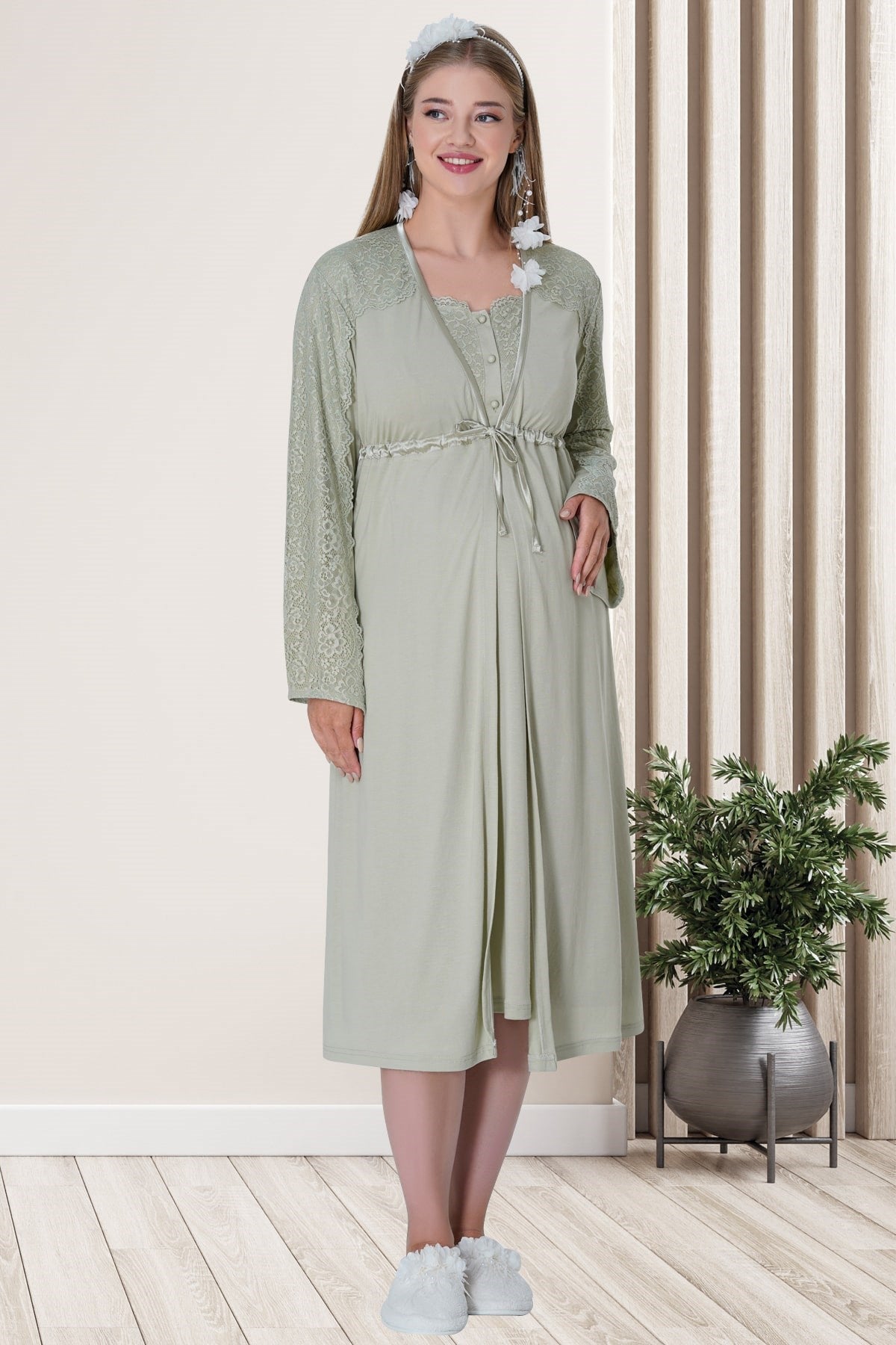 Shopymommy 5718 Lace Embroidered 4 Pieces Maternity & Nursing Set Green