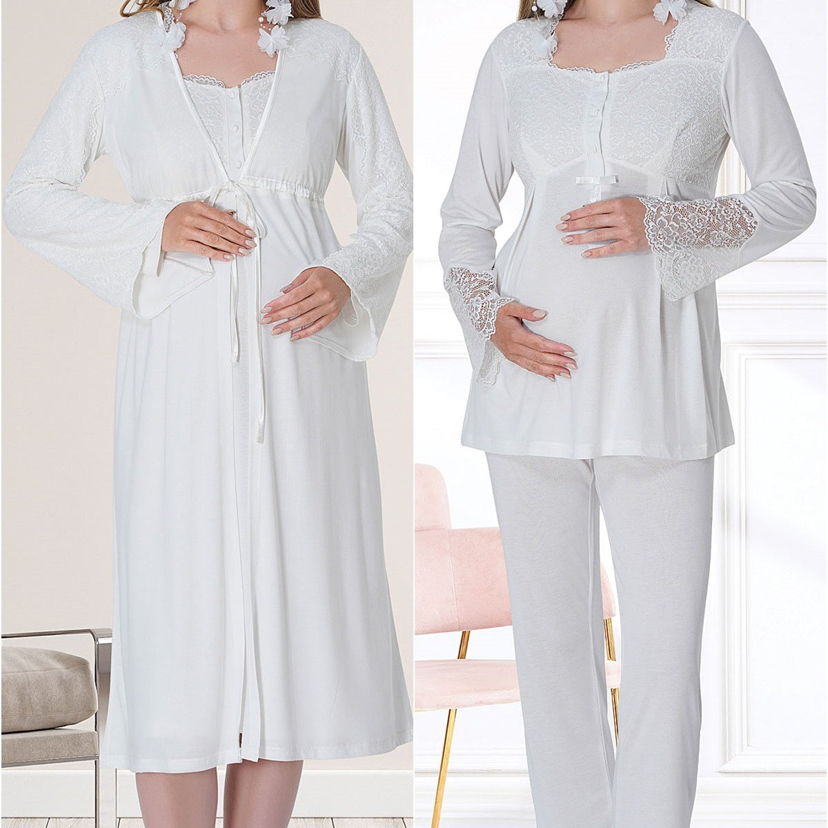 Shopymommy 14205 Striped V-Neck Maternity & Nursing Pajamas Beige