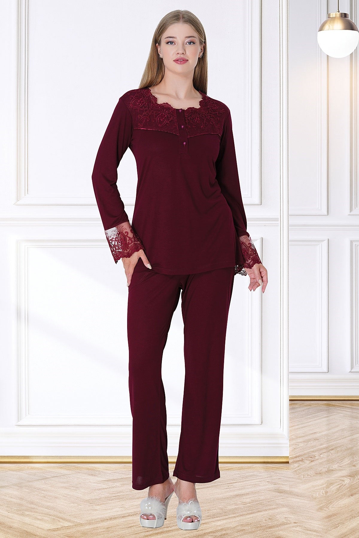 Shopymommy 5720 Lace Maternity & Nursing Pajamas Claret Red