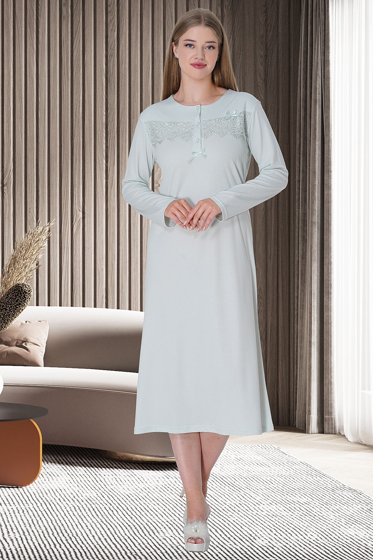 Shopymommy 5733 Laced Maternity & Nursing Nightgown With Patterned Robe Blue