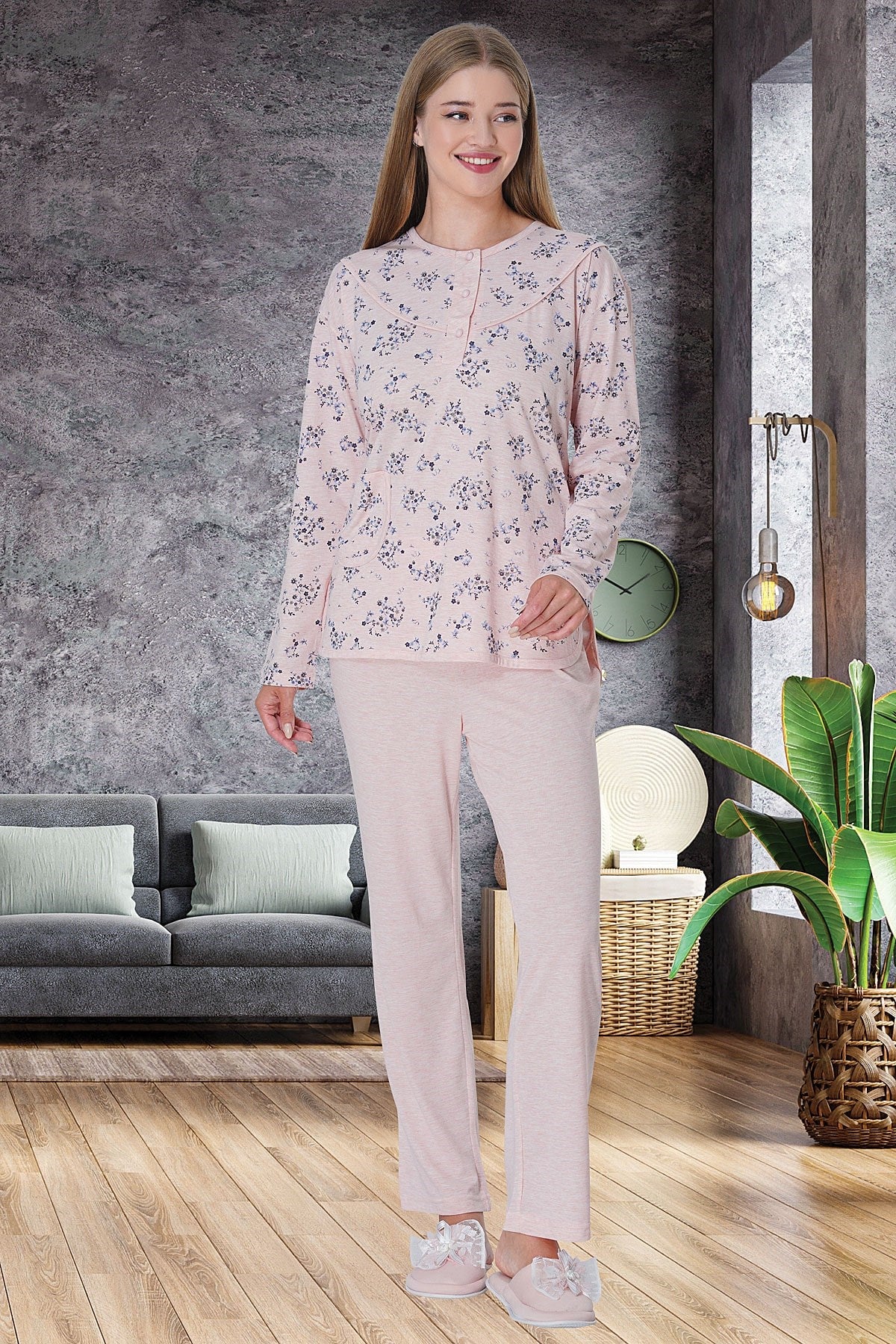 Shopymommy 5736 Flowery Plus Size Maternity & Nursing Pajamas Pink