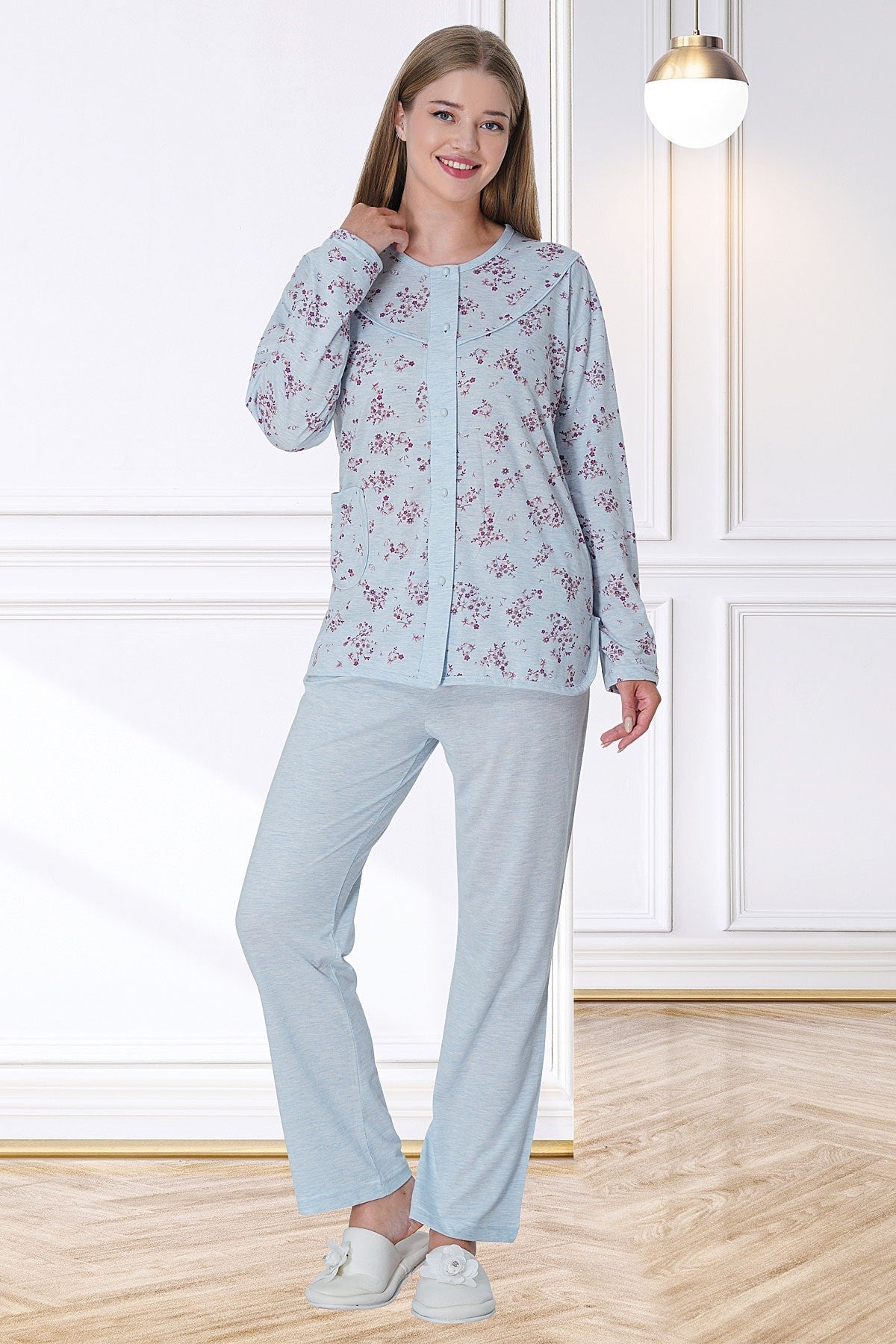 Shopymommy 5737 Flowery Plus Size Maternity & Nursing Pajamas Blue