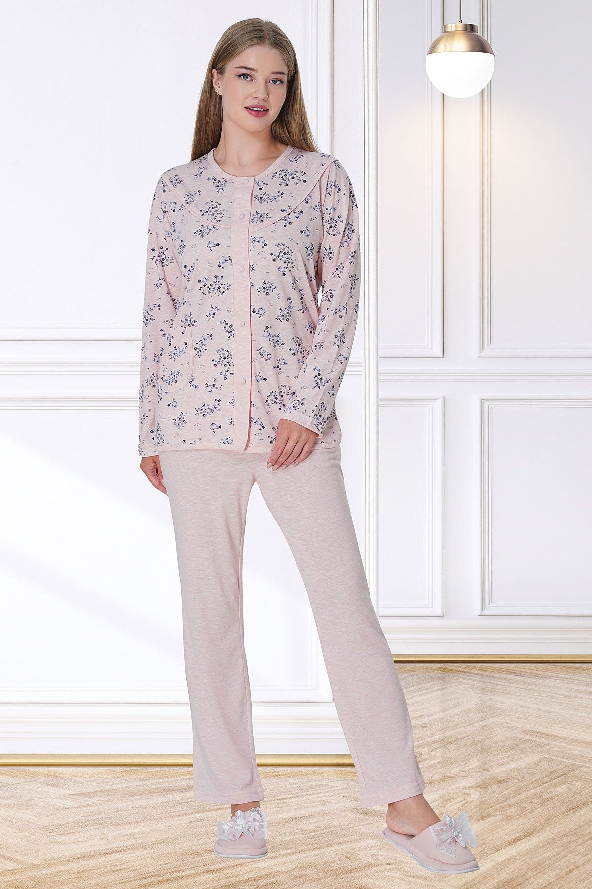 Shopymommy 5737 Flowery Plus Size Maternity & Nursing Pajamas Pink