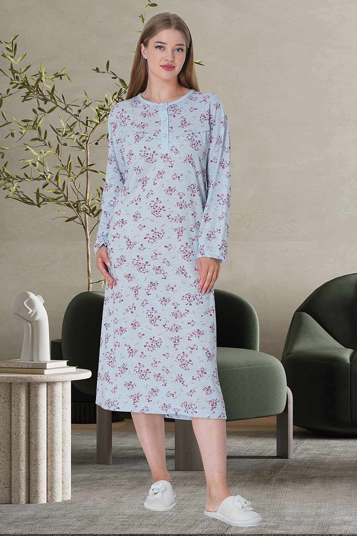 Shopymommy 5738 Flowery Plus Size Maternity & Nursing Nightgown Blue