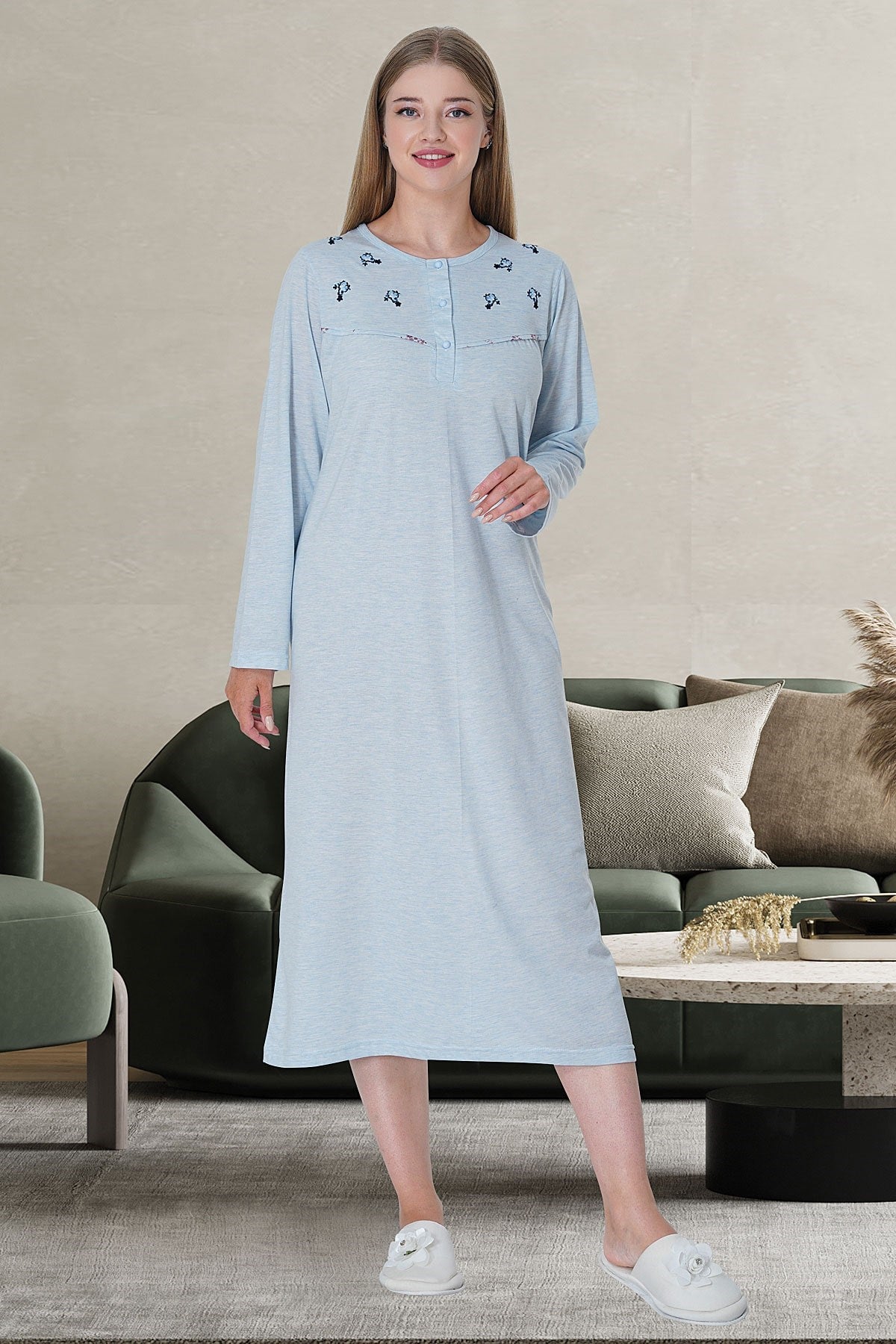 Shopymommy 5739 Melange Plus Size Maternity & Nursing Nightgown Blue