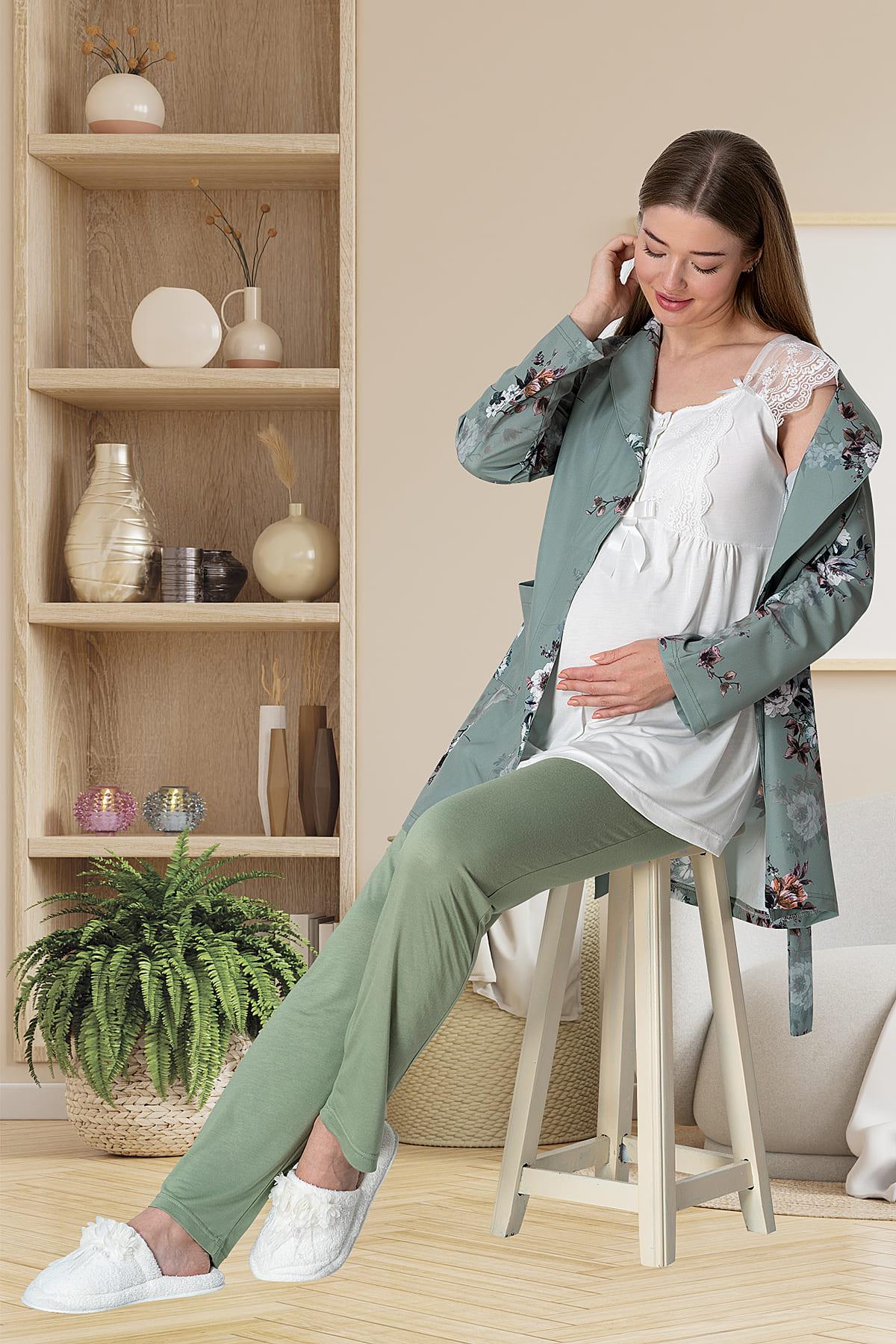 Shopymommy 5804 Guipure 3-Pieces Maternity & Nursing Pajamas With Pattern Robe Green