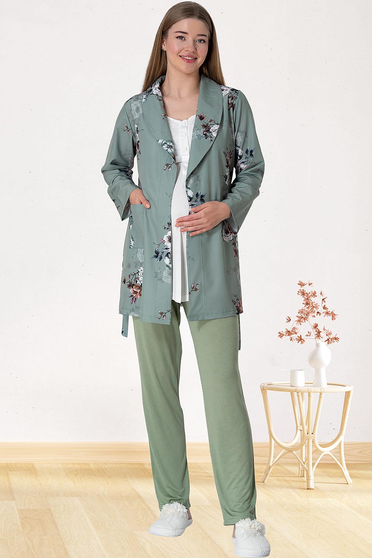 Shopymommy 5804 Guipure 3-Pieces Maternity & Nursing Pajamas With Pattern Robe Green
