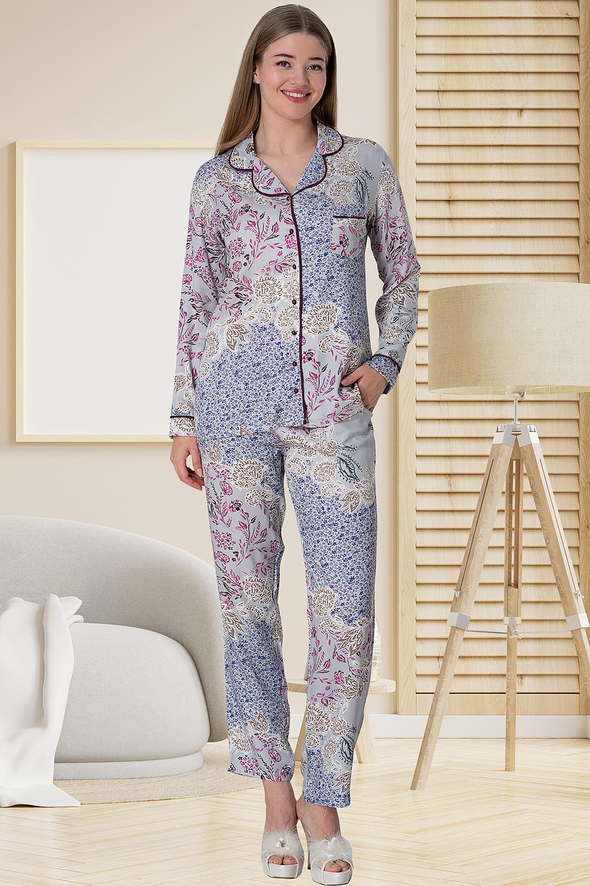 Shopymommy 5809 Patterned Maternity & Nursing Pajamas Grey