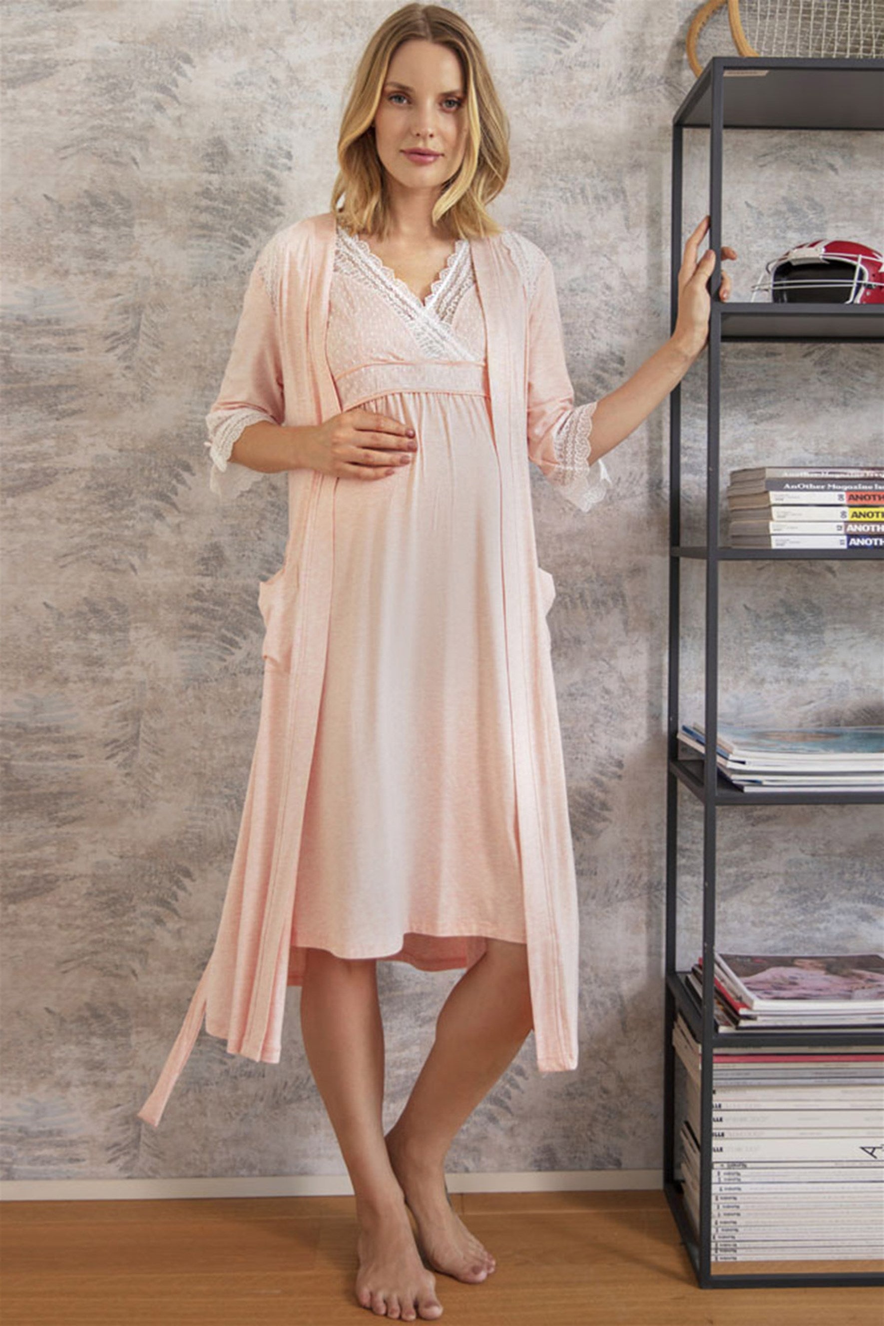 Shopymommy 5508 Lace Collar Double Breasted Maternity & Nursing Nightgown With Robe Pink