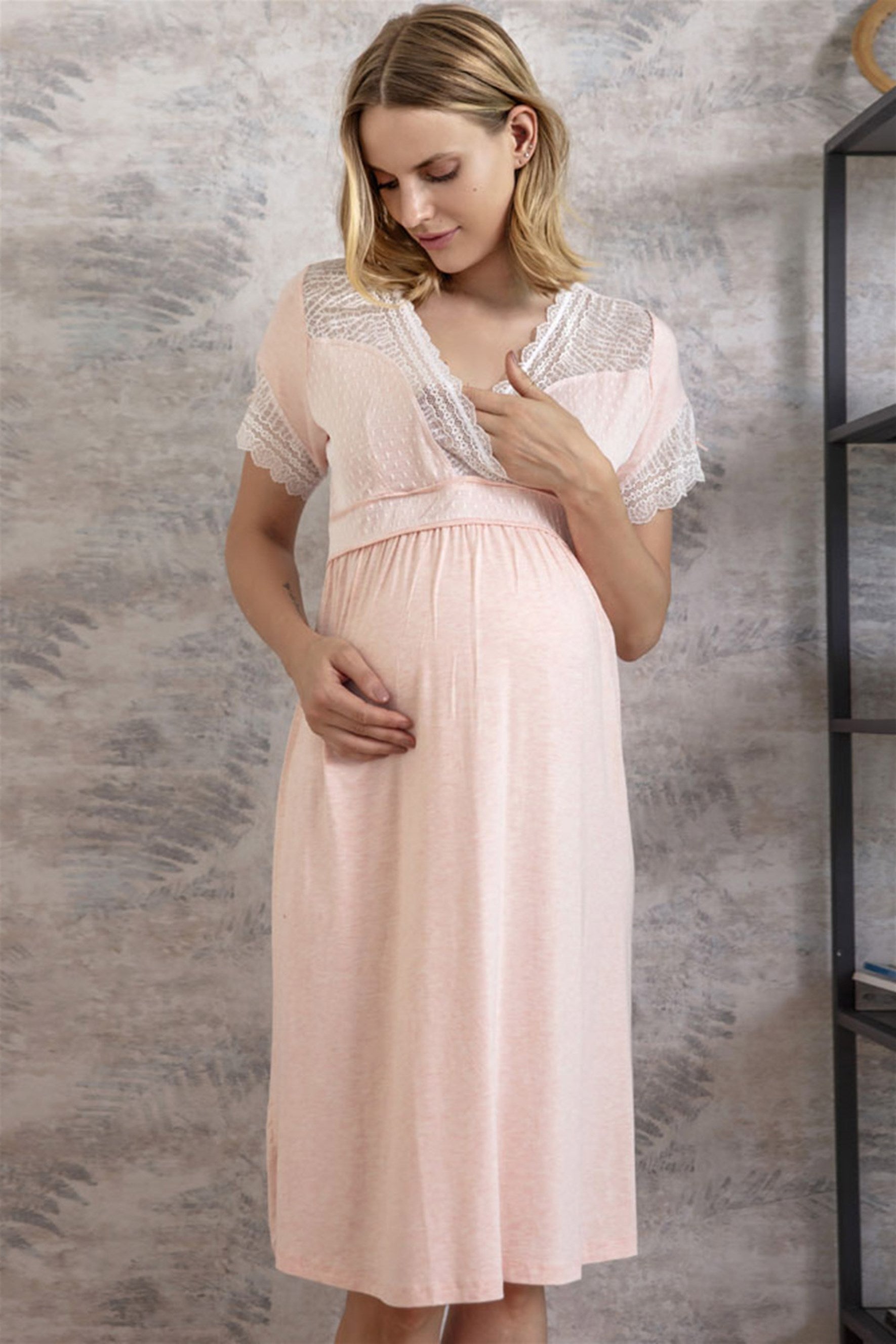 Shopymommy 5508 Lace Collar Double Breasted Maternity & Nursing Nightgown With Robe Pink