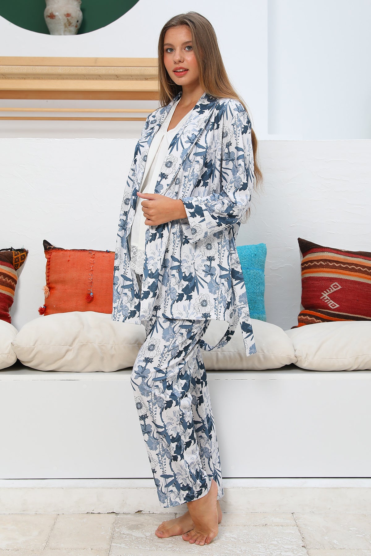 Shopymommy 55715 Bloom Lace Edge 3-Pieces Maternity & Nursing Pajamas With Flowery Robe Ecru