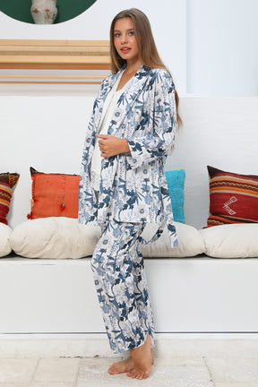Shopymommy 55710 Angelic Lace 3-Pieces Maternity & Nursing Pajamas With  Satin Robe Blue