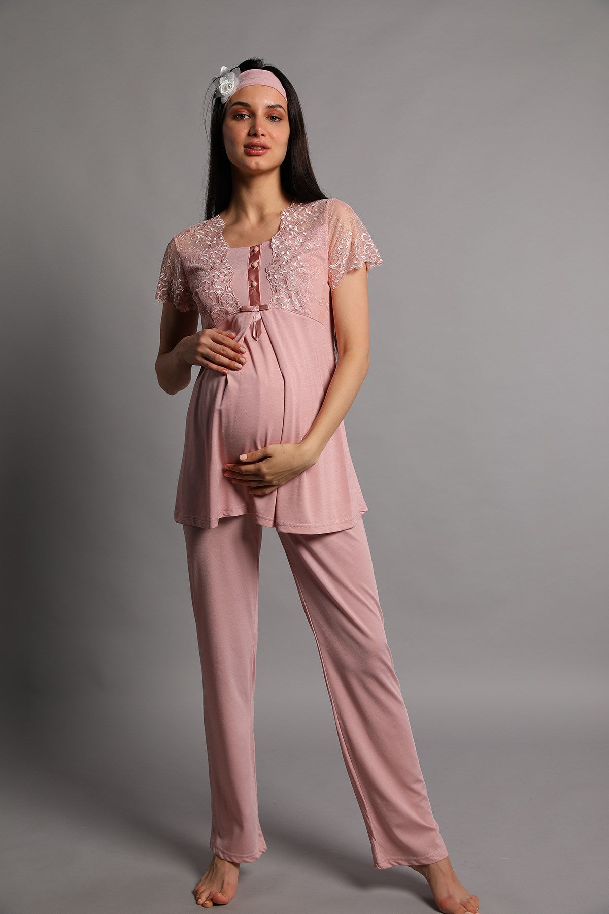 Shopymommy 5206 Guipure 3-Pieces Maternity & Nursing Pajamas With Robe Dried Rose