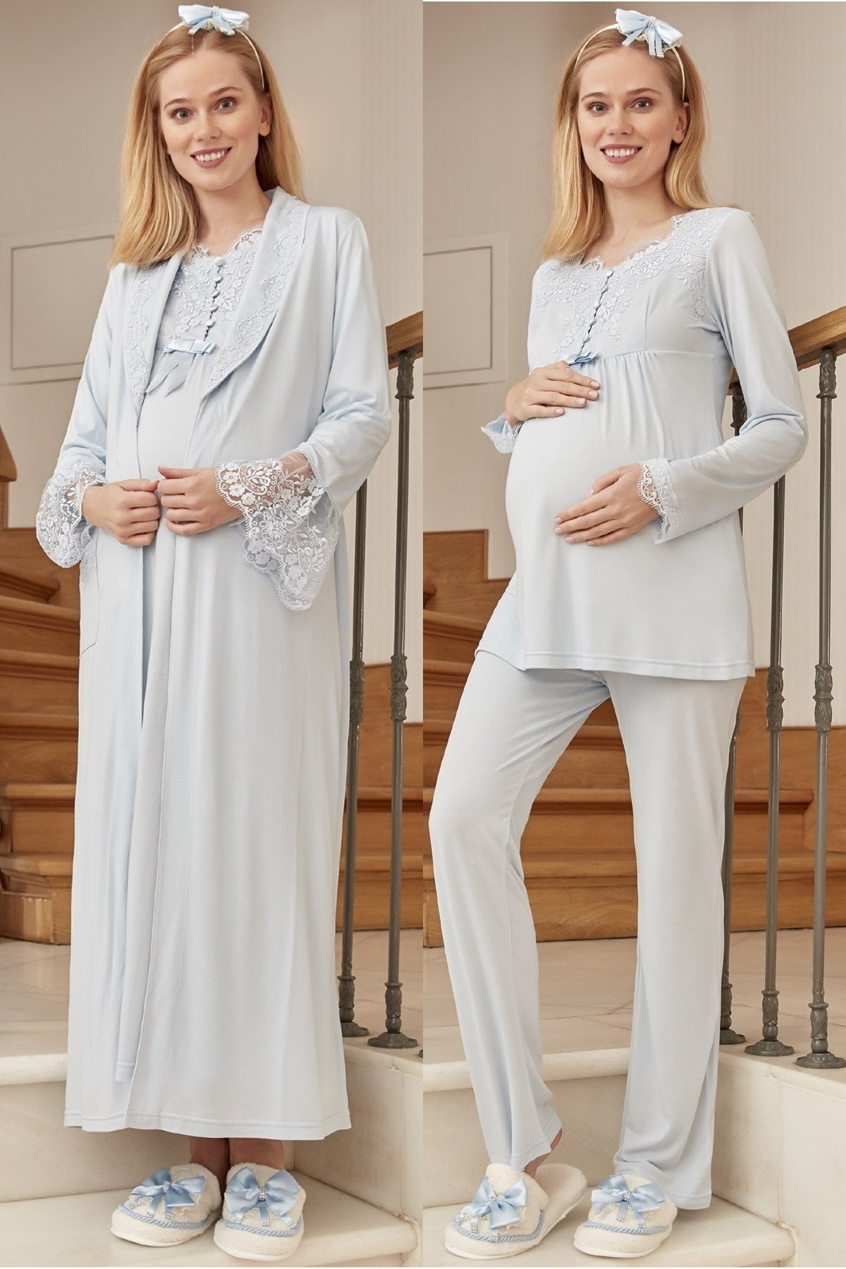 Shopymommy 5774 Lace Embroidered Maternity & Nursing Nightgown With Pa